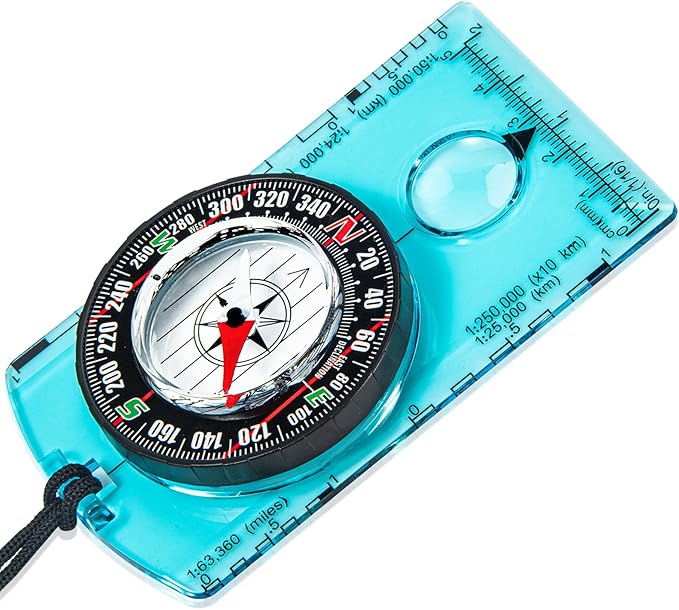 Multipurpose Outdoor Compass for Hiking, Scouting, Camping, and Navigation - Liquid-Filled, Transparent Base with Measuring Scales, Durable and Compact