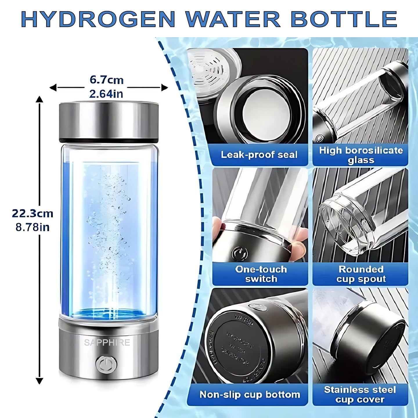 SAPPHIRE Hydrogen Water Bottle, 2025 Advanced 5th Generation SPE & PEM Technology, Portable & Rechargeable Hydrogen Water Bottle Generator, Chlorine & Ozone-Free, Stainless Steel 14oz