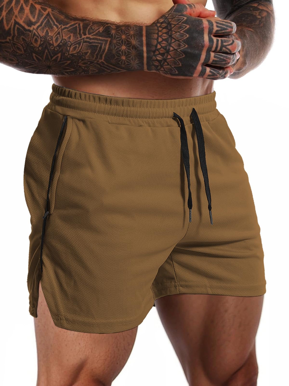 Aolesy Mens Workout Shorts with Zipper Pocket 5 Inch Lightweight Gym Running Shorts Linerless Bodybuilding Training Athletic Shorts Khaki