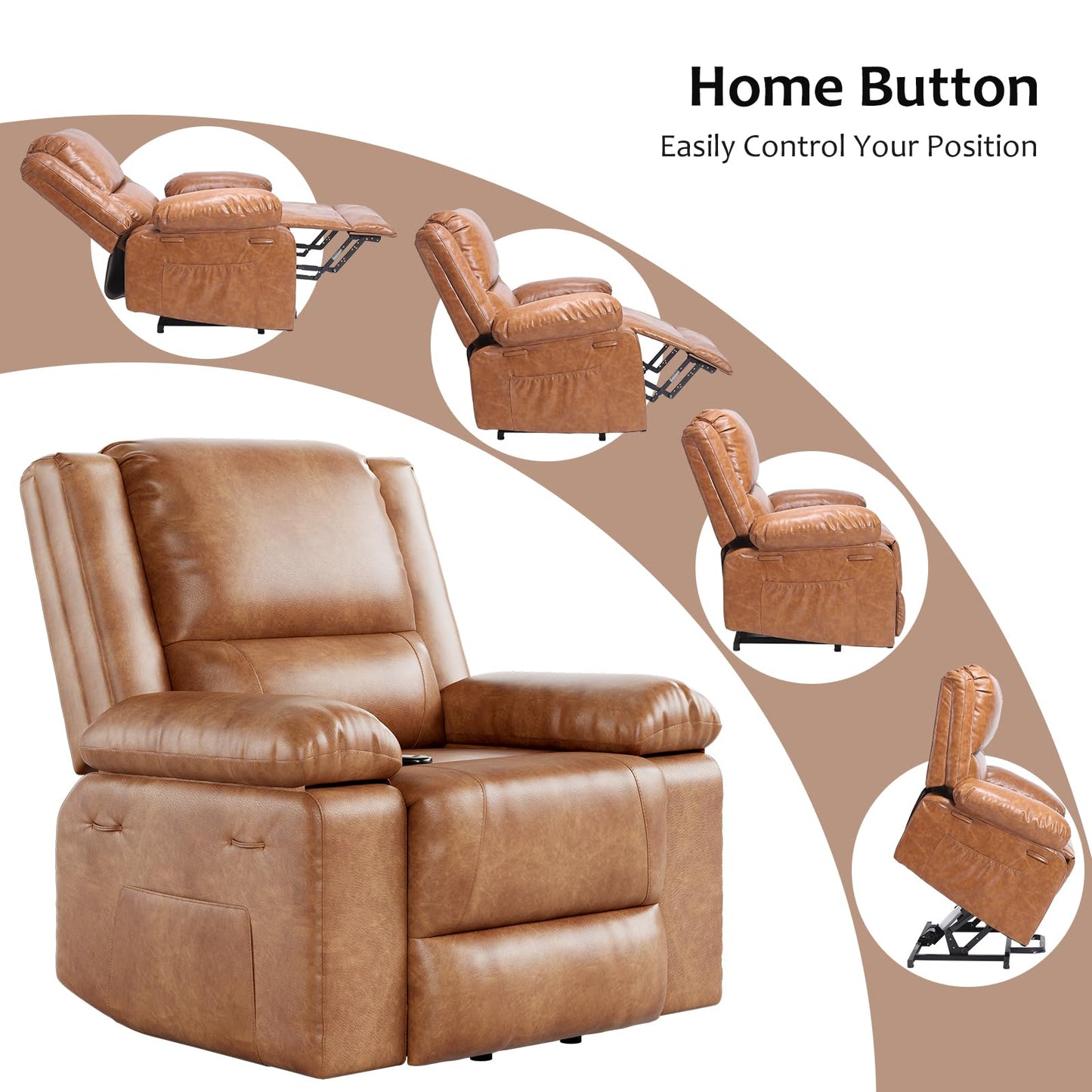 GarveeHome Faux Leather Power Lift Recliner w/Massage and Heat for Elderly, Recliner Chairs with Pockets for Living Room (Cognac, Medium)