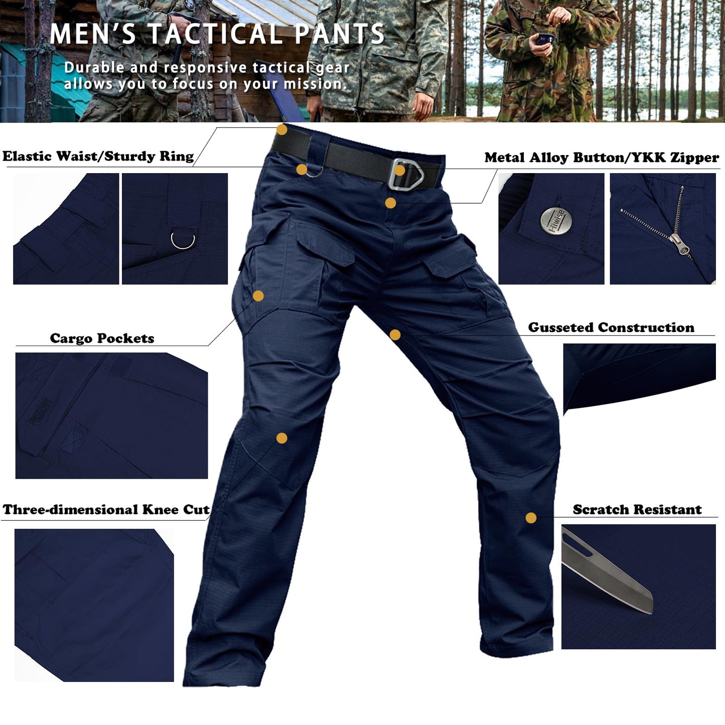 Hiwise Men's Stretch Tactical Pants Water Resistant Ripstop Cargo Pants Outdoor Lightweight EDC Work Hiking Pants (Navy Blue, 34WX32L)