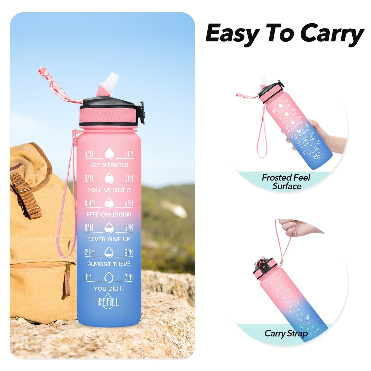 MEITAGIE 1 litre Motivational Fitness Sport Water Bottle with Straw & Time Maker, Leak-proof, BPA-free, Tritan, Toxin Free Plastic Drink Bottle Design for Girls, Boy, Cycling, School & Office