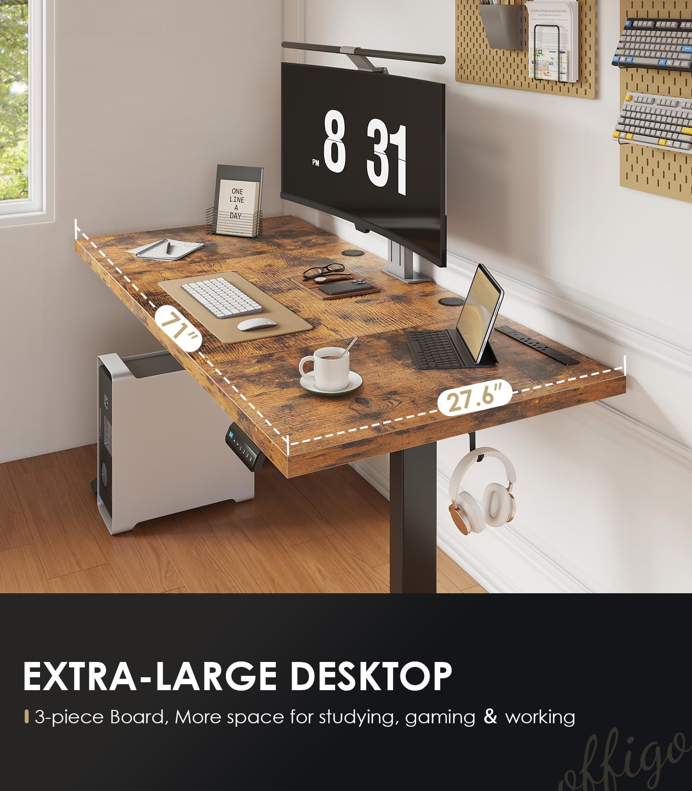 OffiGo Electric Standing Desk with 3-Piece Board, 71 Inch Height Adjustable Large Desk with Power Outlets, Sit Stand Table, Writing Computer Desk for Home, Office, Workstation, Rustic Brown
