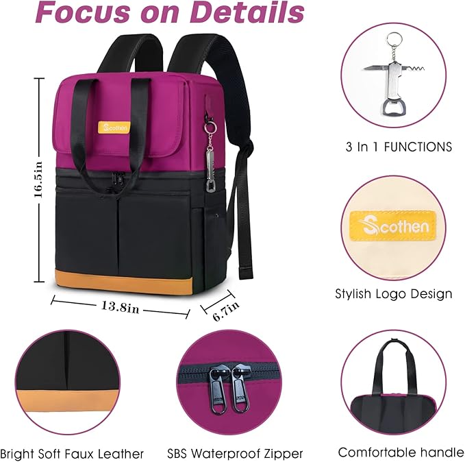 Backpack Cooler with Double Decker & 12 Ice Packs- Keeps 36 Cans Cold for Up to 24 Hours- Waterproof & Leak Proof Insulated Cooler Backpack- Stylish Cooler Bookbag for Women Travel Work Beach