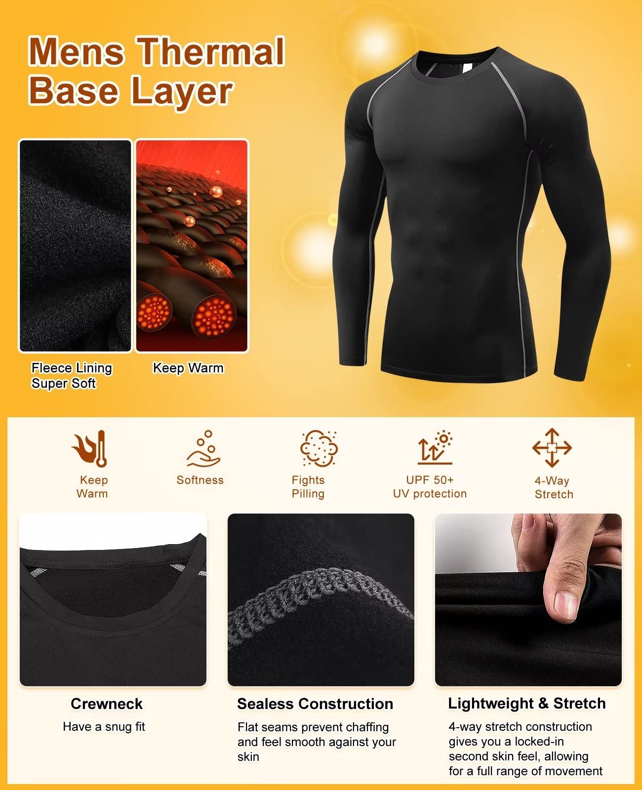 Thermal Shirts for Men Long Sleeve Fleece Cycling Ski Base Layer Men Cold Weather Compression Shirts for Men Running Hiking Hunting Thermals Underwear Tops,Quick Dry Moisture Wicking 3235 Black S