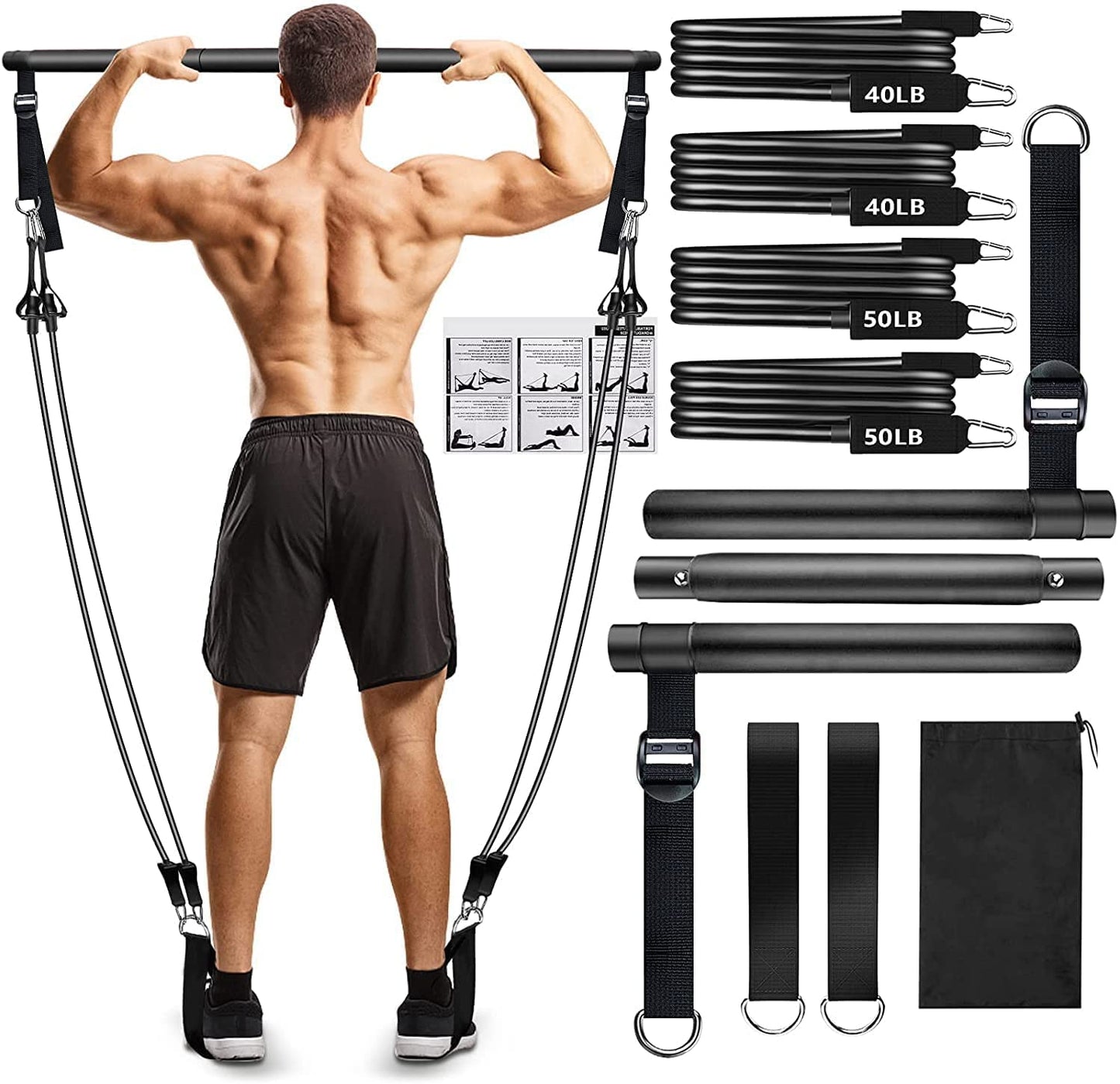 Pilates Bar Kit with Resistance Bands(4 x Bands),3-Section Pilates Bar with Stackable Bands Workout Equipment for Legs,Hip,Waist and Arm,Adjustable Pilates Flexbands Kit Home Gym Yoga Pilates Black