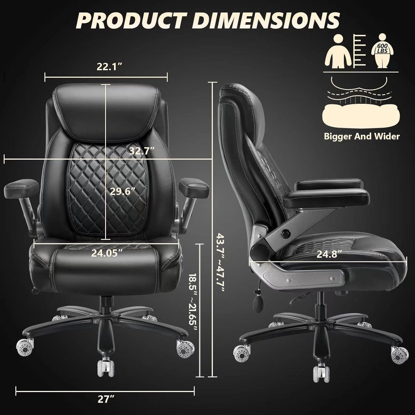 600LBS Large Heavy Duty Office Chair with 5D Flip Arms, Big and Tall Office Chair with Pocket Spring Cushion, High Back Computer Execuitve Desk Chair with Adjustable Lumbar Support,Dual Rubber Wheel