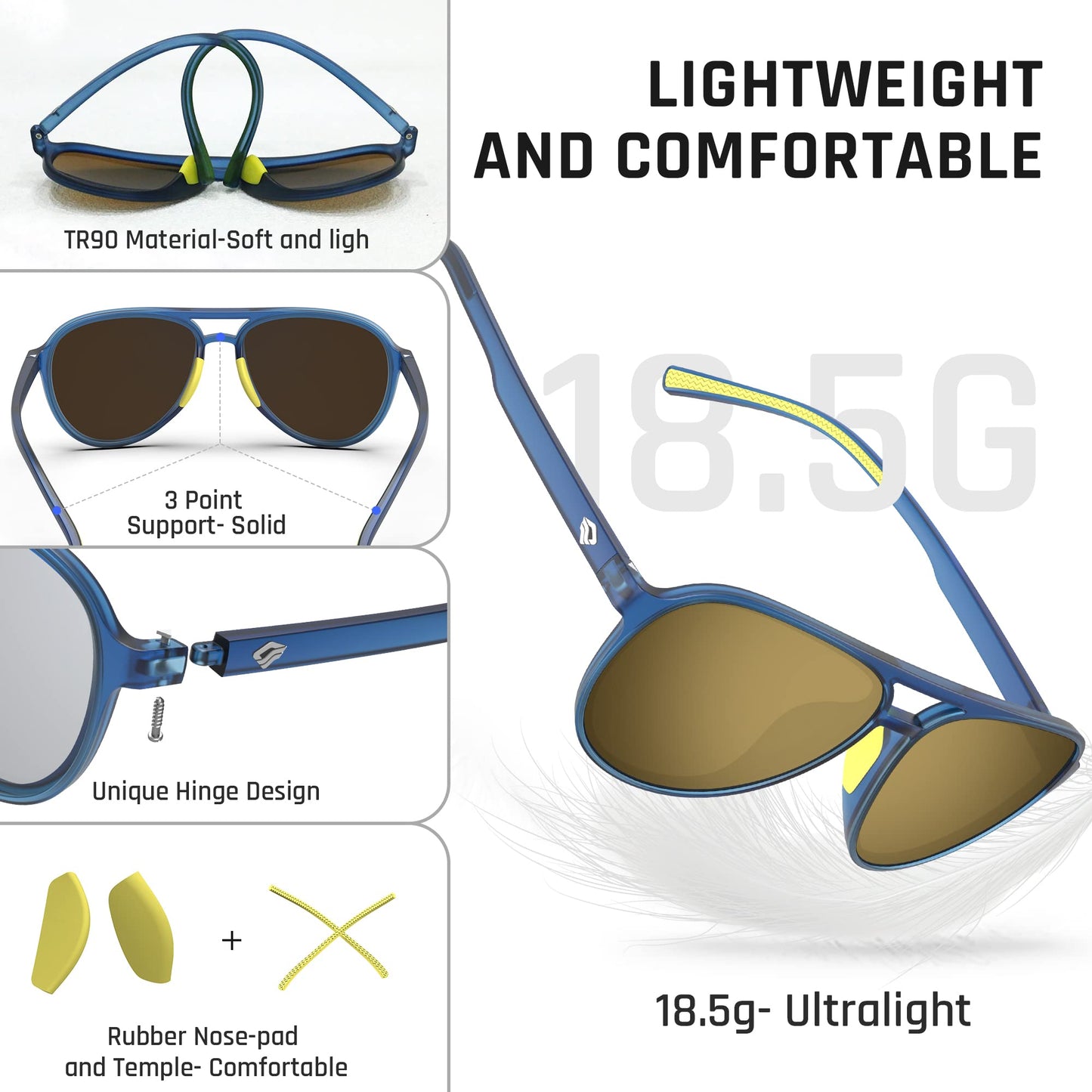TOREGE Aviator Sunglasses Polarized Sunglasses for Men Women, Lightweight Sports Sun Glasses UV400 Protection For Driving Cycling Fishing Boating Beach Golf TR75(Blue&Yellow&Brown Copper Lens C13)