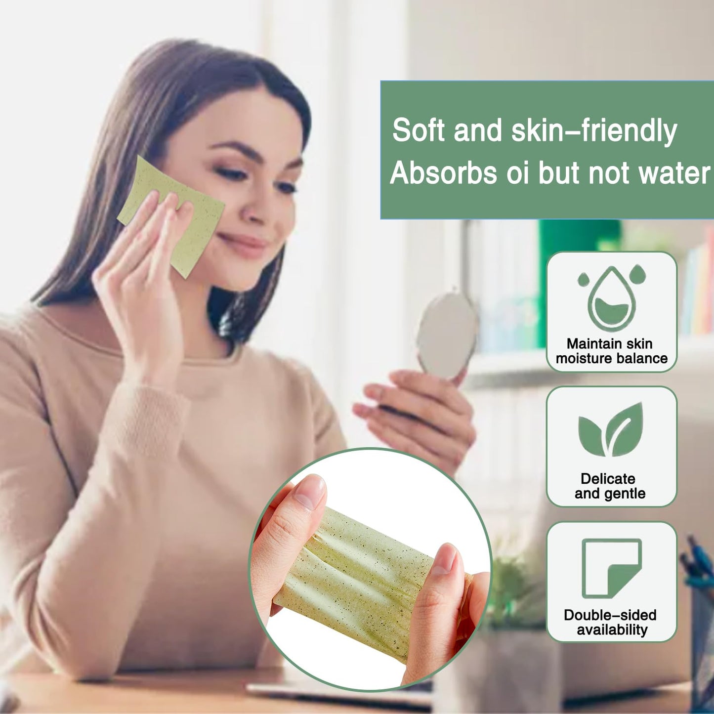 Natural Face Oil Blotting Paper -Bamboo Charcoal 600 Counts, Easy Dispensing Oil Absorbing Sheets, Premium Handy Facial Blotting Papers - Face Skin Care or Beauty Make Up Must Have (White-Green Tea)