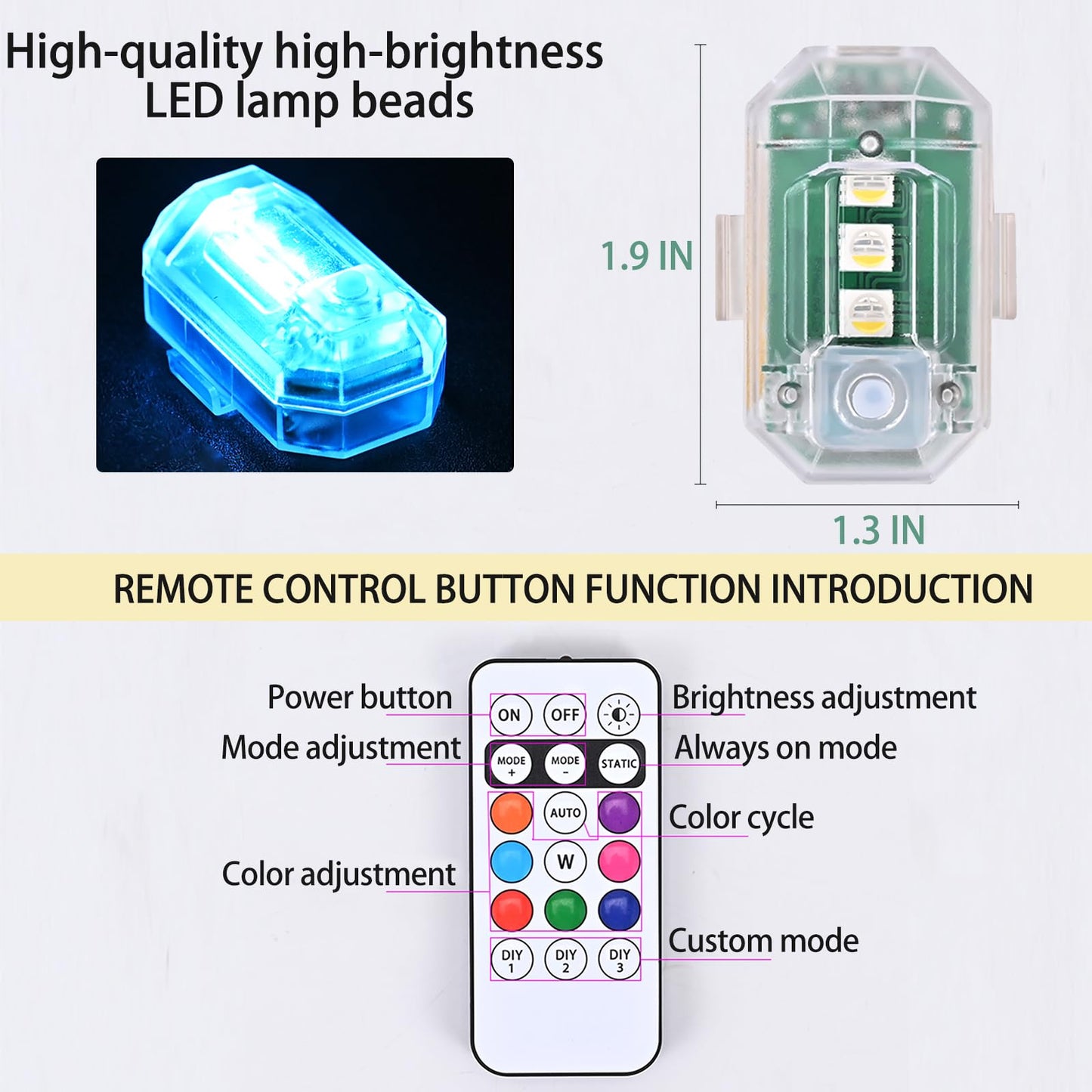 4PCS Wireless LED Strobe Lights with Remote Control, Upgraded to 350 mAh USB Rechargeable 8-Color High Brightness Waterproof Anti-Collision Warning Lights for Car, Motorcycle, Drone, Truck, Bike