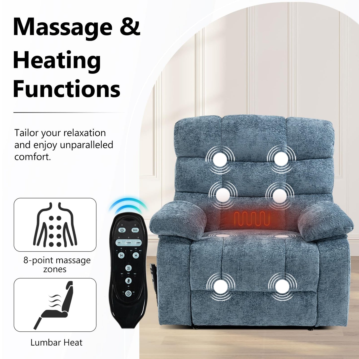 EZZUP Lay Flat Recliner with Vibration Massage and Lumbar Heating, 26'' Wide Chair with Infinite Position and 2 Remote Controls, Soft Chenille Lift for Living Room, Grayish Blue