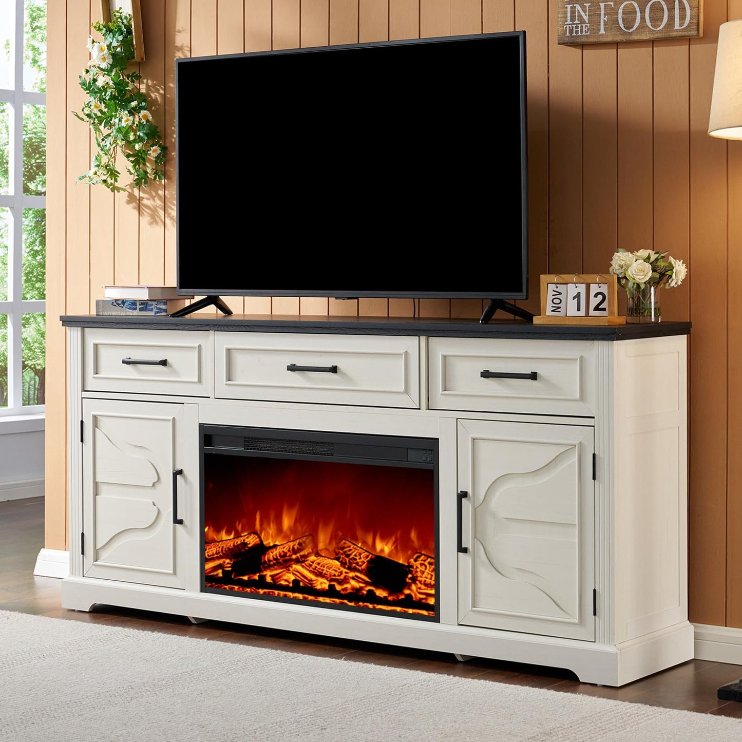 AMERLIFE 70" Farmhouse Fireplace TV Stand, Entertainment Center Table with 30'' Electric Fireplace, TV Console with Storage Cabinet Drawer for TVs Up to 80", Distressed White