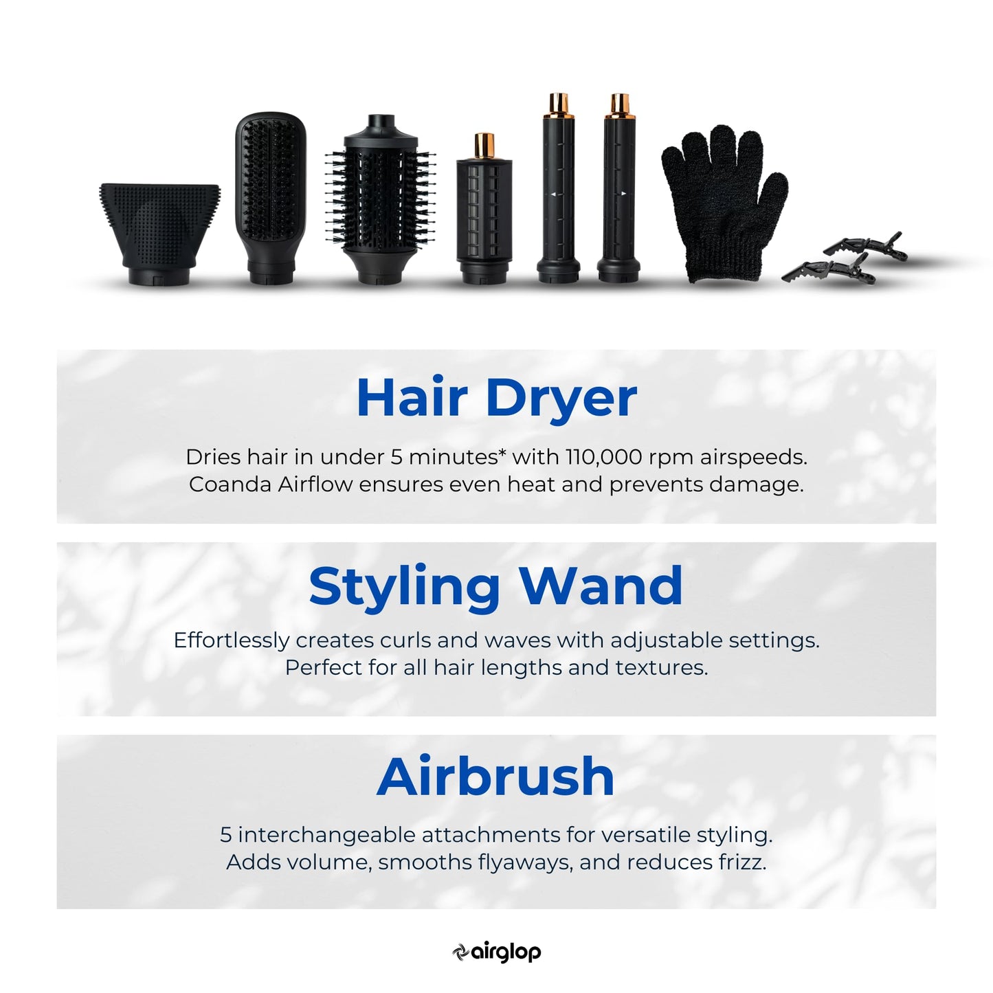 Airglop Air Styling & Drying System, Powerful Hair Dryer Brush & Multi-Styler with Auto-Wrap Curlers, Paddle Brush, Oval Brush