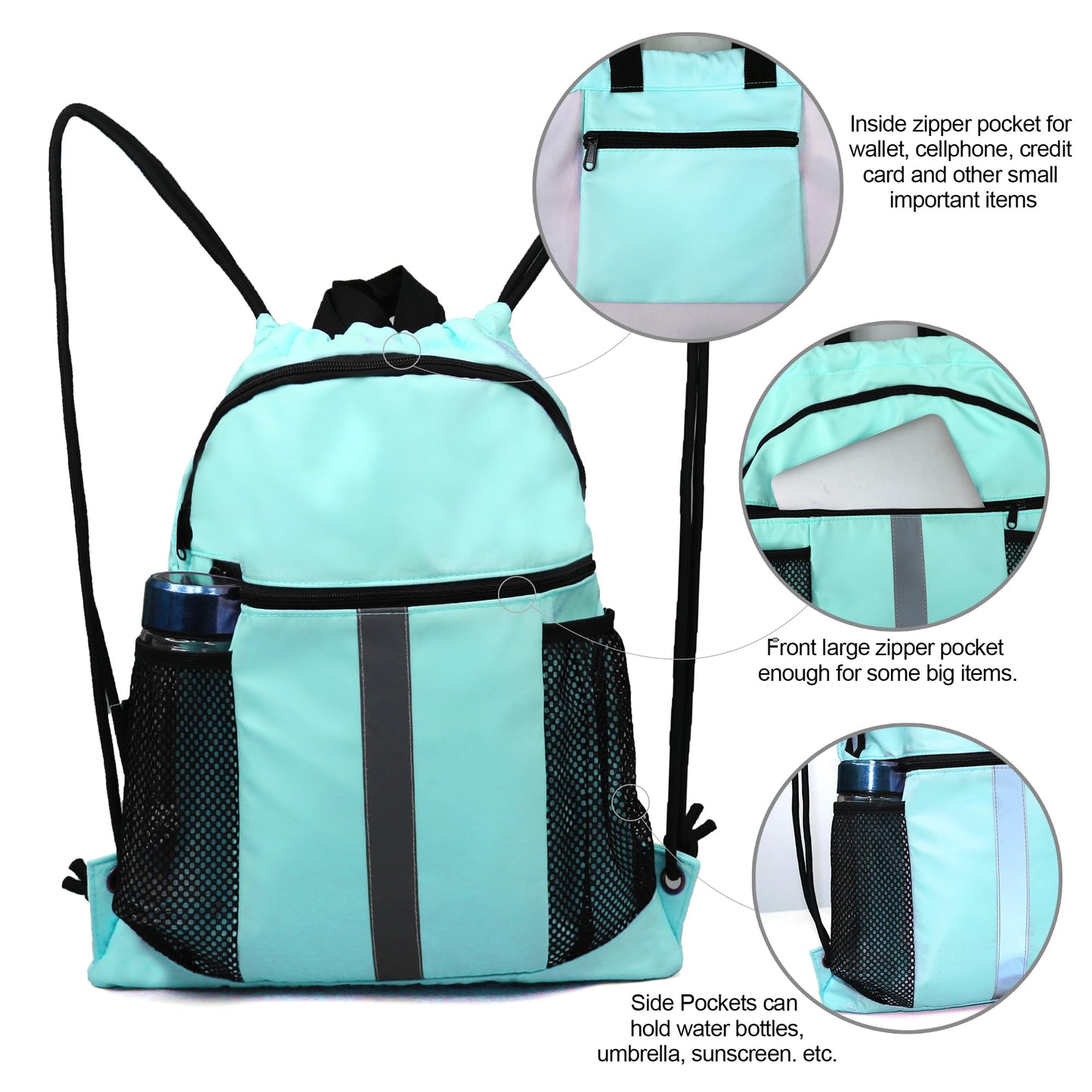 BeeGreen Mint Green Drawstring Backpack Bag with Shoe Compartment X-Large Gym Sports String Cinch Sackpack with Front Inside Zipper Pockets