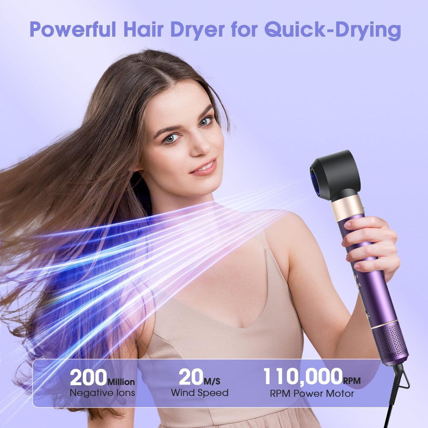 Vincofy 7-in-1 Hair Dryer Brush and Hair Styler Set – Fast Drying, Curling, Straightening & Volumizing – Hot Air Styling Tool with No Heat Damage – for All Hair Types – Lavender