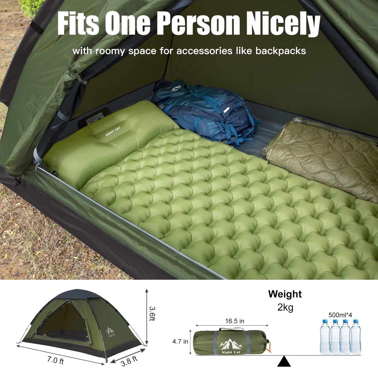 Night Cat Backpacking Tent for One 1 to 2 Persons Lightweight Waterproof Camping Hiking Tent for Adults Kids Scouts Easy Setup Single Layer 2.2x1.2m