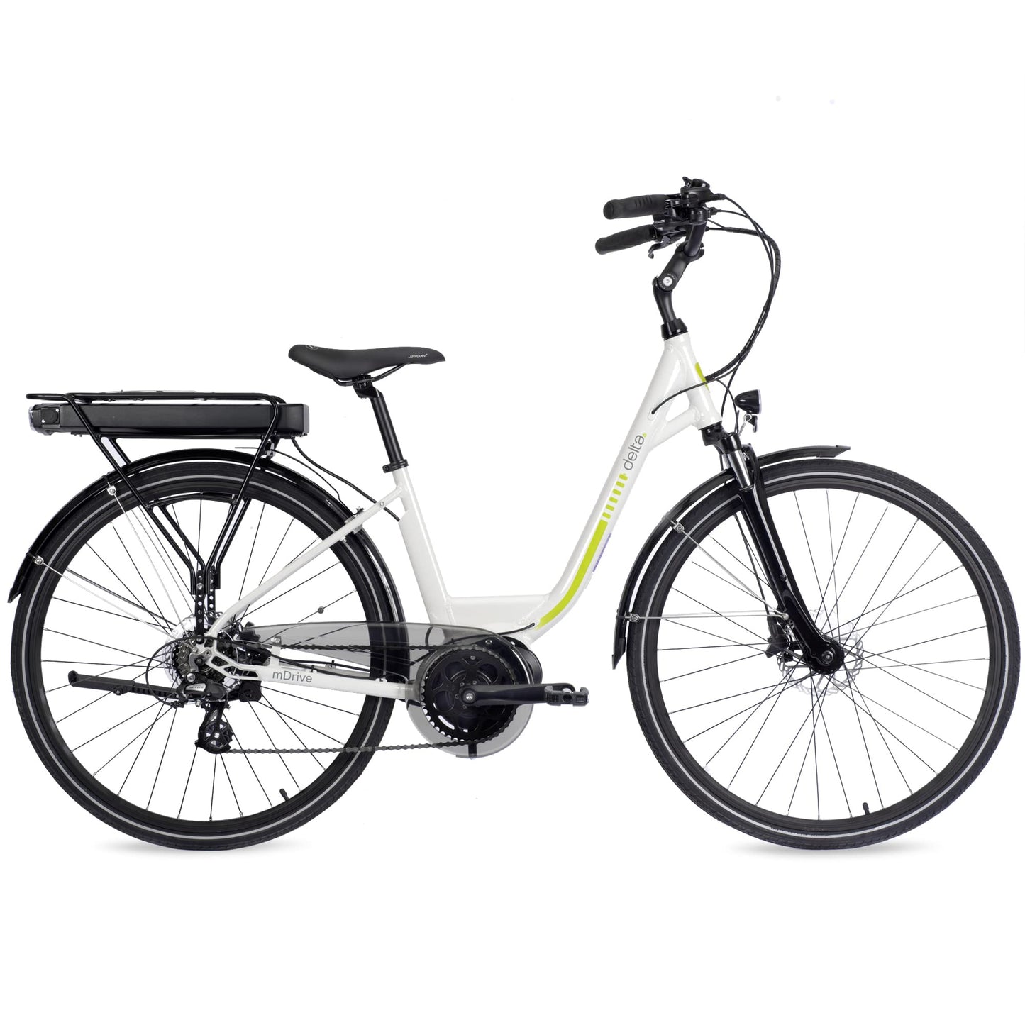 Electric Bike, Delta Cycle mDrive Ebike - 396Wh Lithium-Ion Battery, 55 Miles On Single Charge - 7 Speed Shimano Gear System, Front & Rear Disc Brakes - Safety Lights, Storage Rack & Kickstand