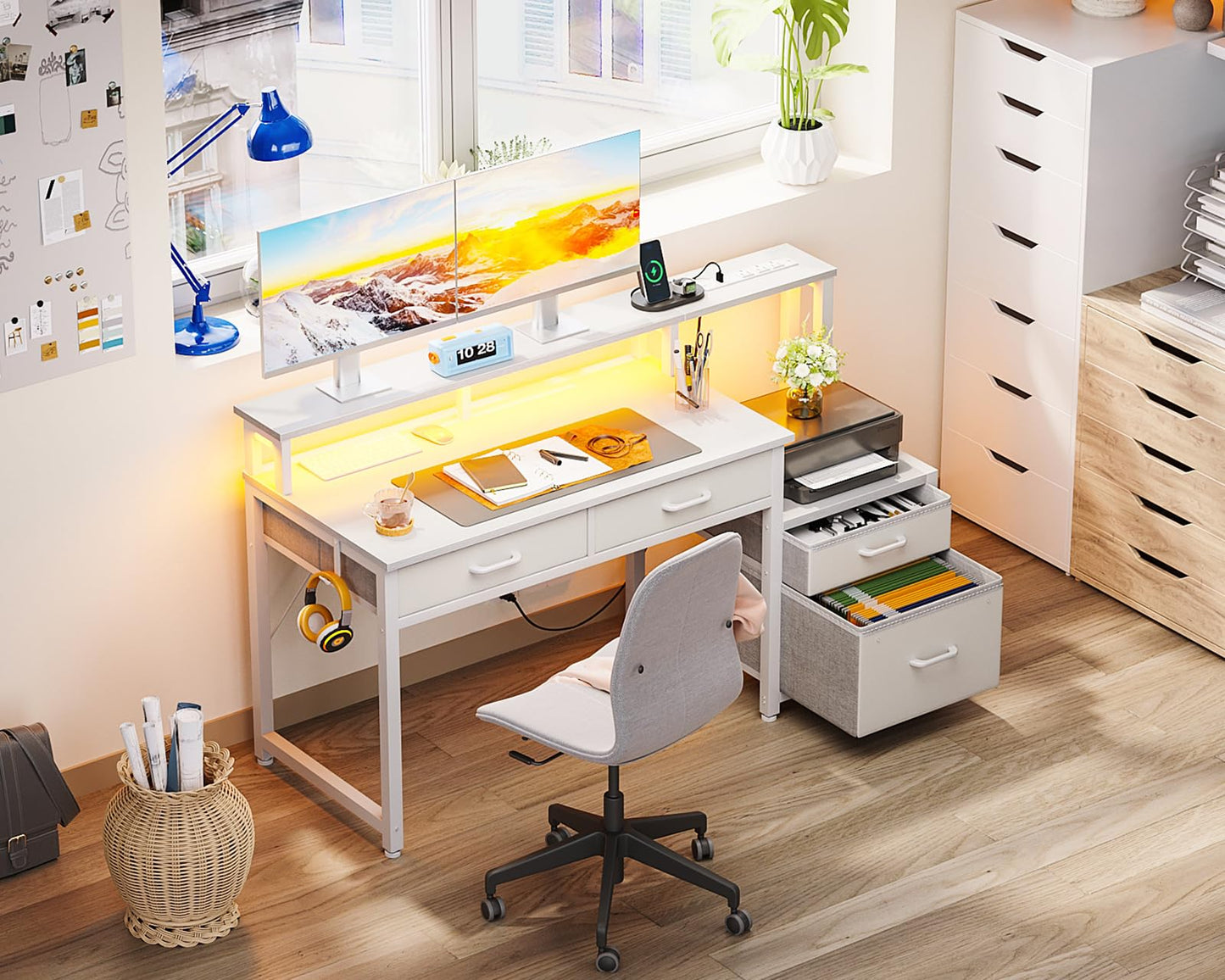 AODK Computer Desk with 4 Drawers, 48 Inch Reversible Desk with Led Lights & Power Outlet, Office Desk with File Drawer & Monitor Stand, Work Table for Home Office, White