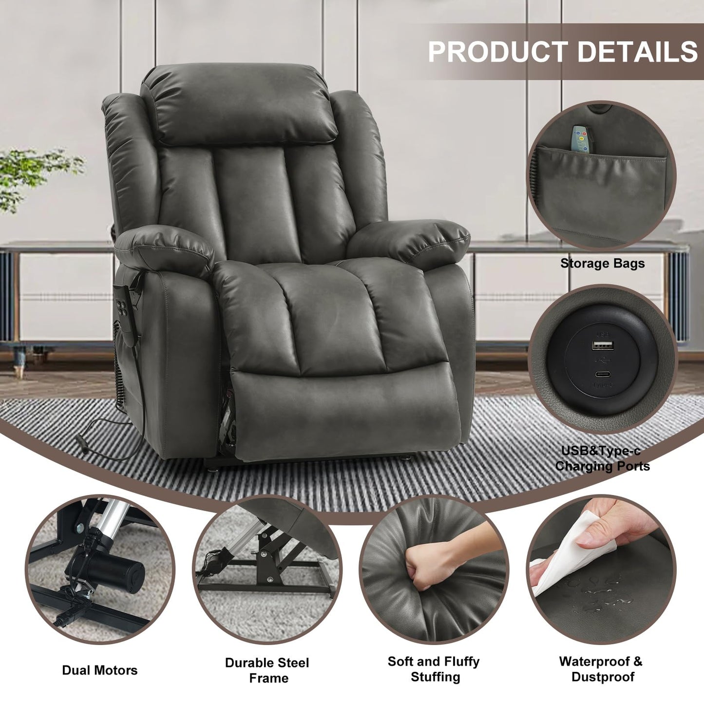 MEROUS Dual Motor Large Power Lift Recliner Chair for Elderly with Heat and Massage,Lay Flat Lift Chairs Recliners for Seniors Infinite Position,USB Port&Remote,Genuine Leather(Silver Grey)