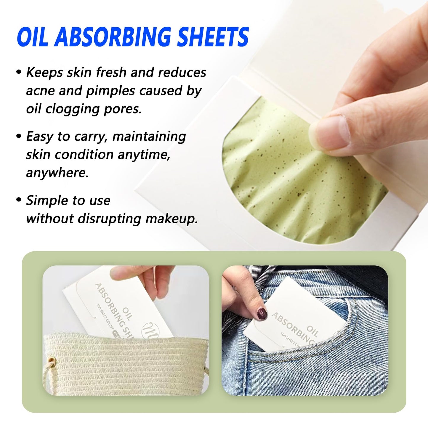 Natural Face Oil Blotting Paper -Bamboo Charcoal 600 Counts, Easy Dispensing Oil Absorbing Sheets, Premium Handy Facial Blotting Papers - Face Skin Care or Beauty Make Up Must Have (White-Green Tea)