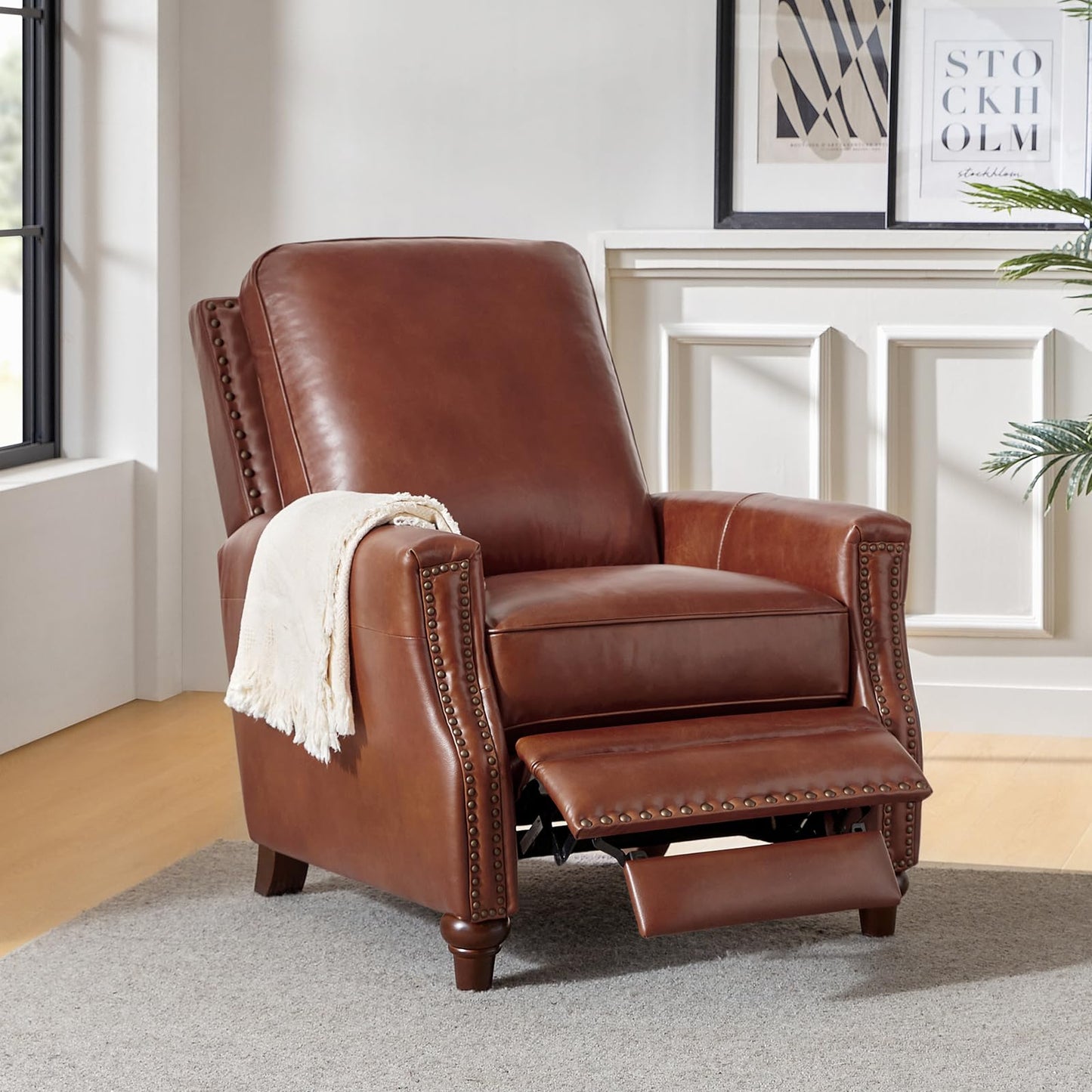 HULALA HOME Genuine Leather Manual Recliner Chair,Classic Push Back Reclining Armchair Sofa with Thick Seat, Adjustable Backrest & Nailhead Trim for Living Room Home Theater (Brown)