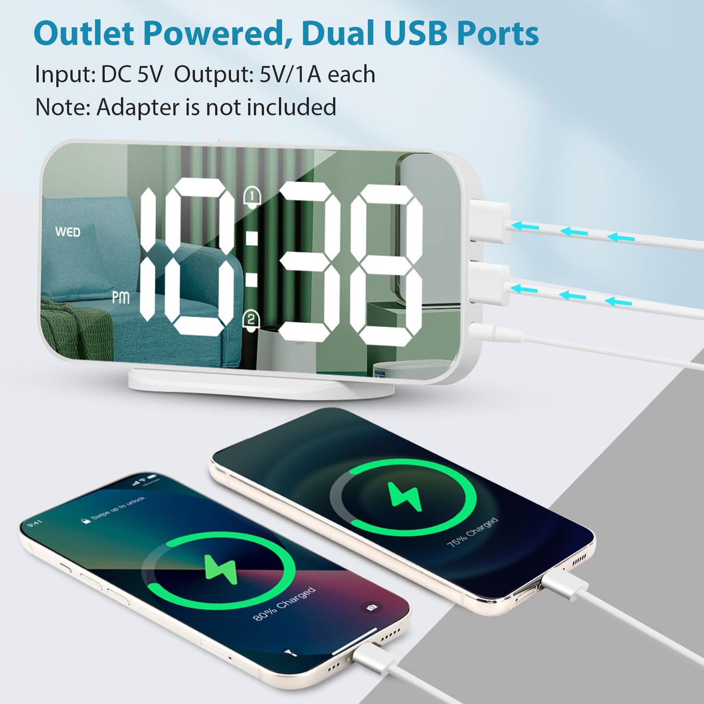 ALANAS Digital Alarm Clock for Bedrooms - Large LED Display, Dual Alarm, Snooze, 3-Level Brightness Dimmer, USB Charging Ports, Battery Backup, Compact Design for Nightstand, Home, Office.