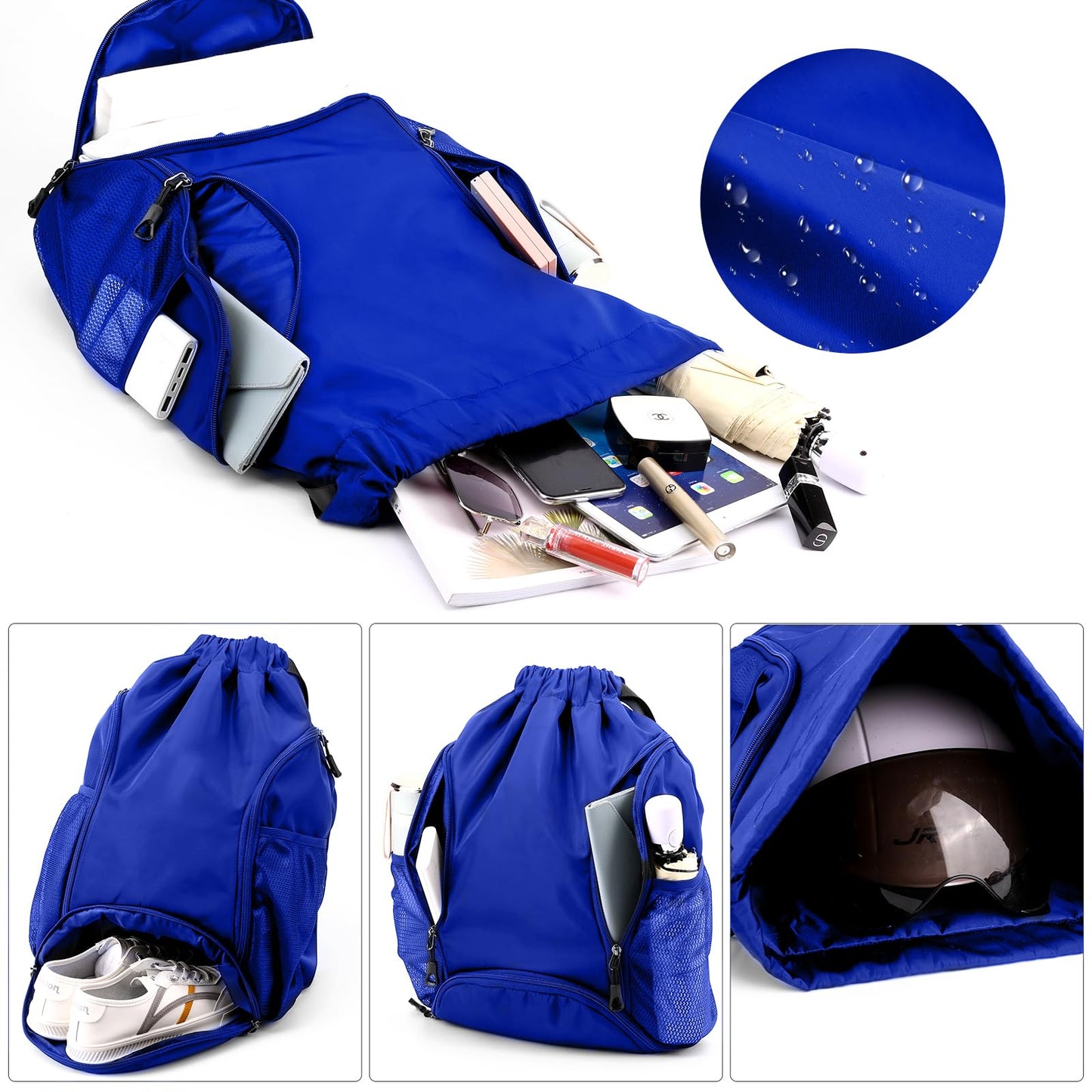 Valleycomfy Sports Gym Bag Drawstring Backpack with Shoes Basketball Bag and Two Water Bottle Holder,Drawstring Backpack for Beach, Pool and Travel,Sapphire Blue