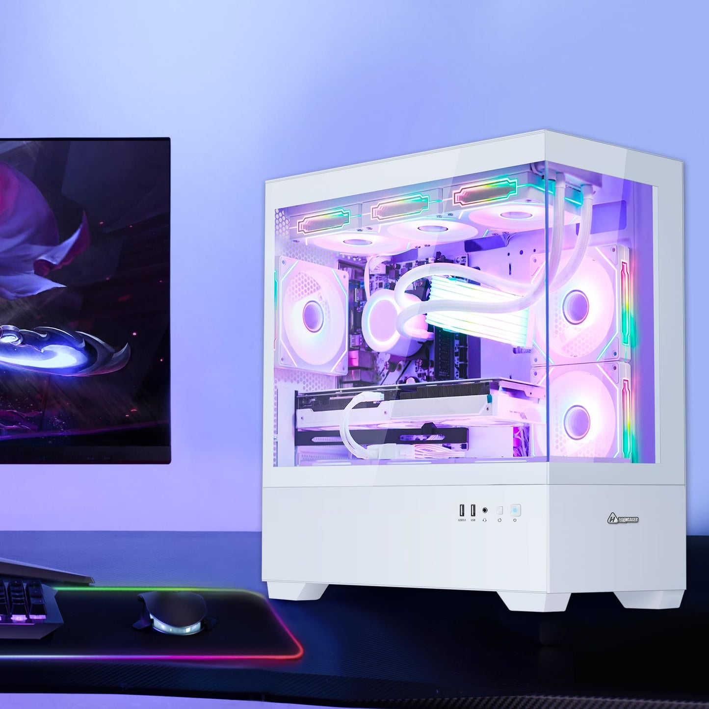 HOENGAGER Superview Gaming PC Desktop Computer - AMD Ryzen 7 5700X 3.4 GHz 8 Core, RTX 4060 8G, 32GB DDR4 RAM 3200, 1TB M.2 PCIE SSD, 650W PSU, 360mm AIO, 11AC Wi-Fi, Windows 11 Pro 64-bit, White