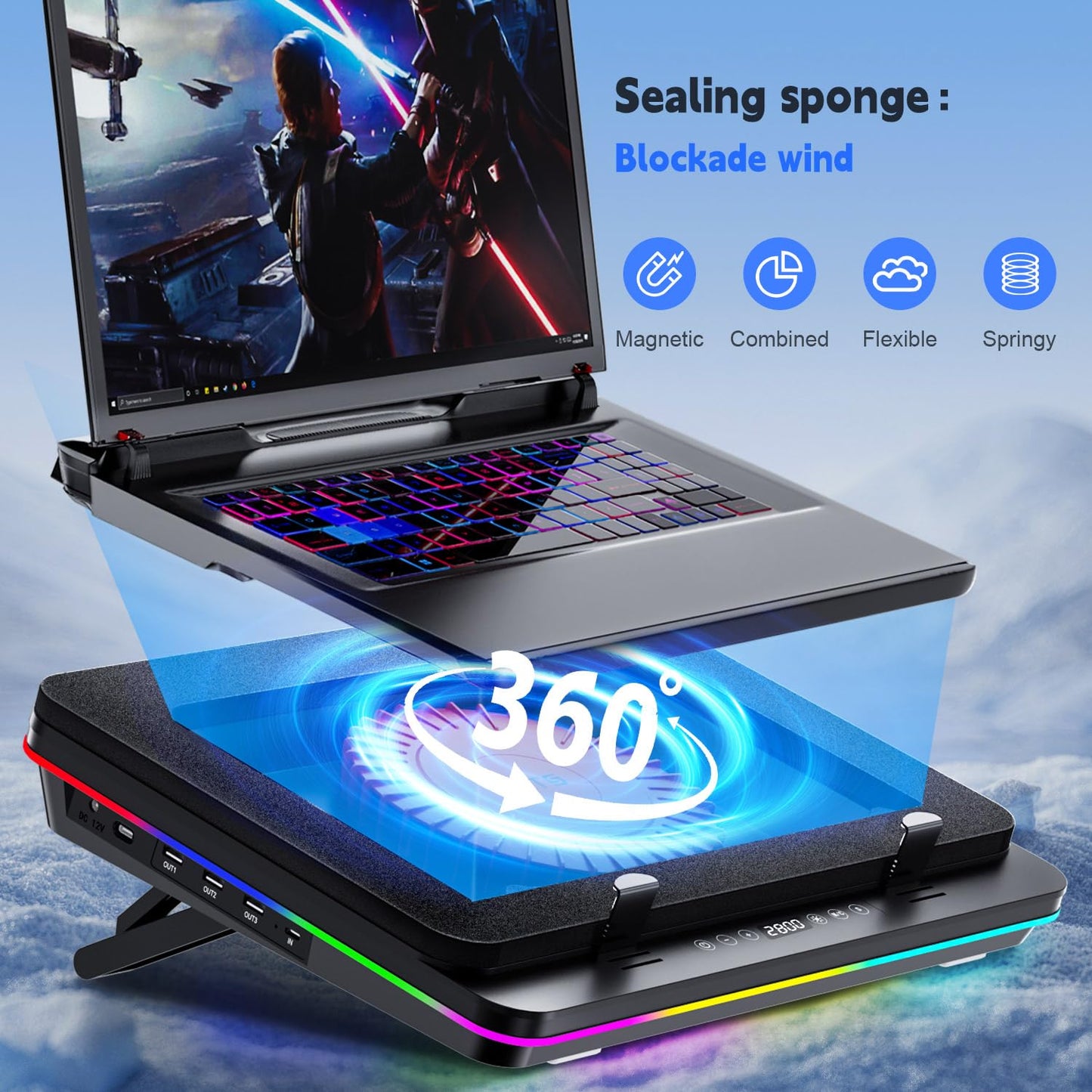 IETS GT600 RGB Laptop Cooling Pad Equipped with Gigantic Turbo-Fan(5.5inch Diameter),Sealed Foam for Rapid Cooling Gaming Laptop,14.1-19.3 inch Laptop Cooler with 3-Port USB Hub,Dust Filter