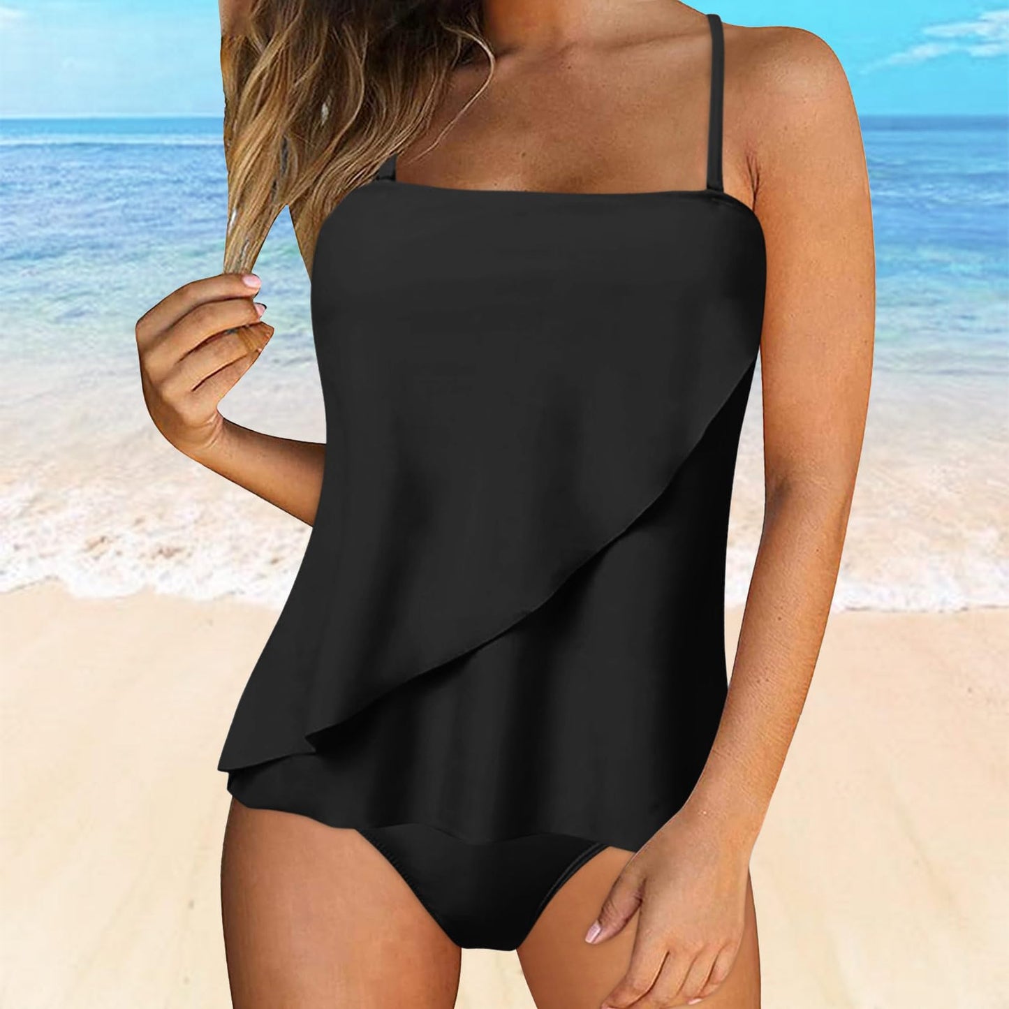 JEUROT 2 Piece Bandeau Swimsuits for Women Strapless Bathing Suits Tummy Control Flowy Swimwear with High Waisted Bottom Swim Suits 2024 Beach Vacation Outfits (Black, XXL)