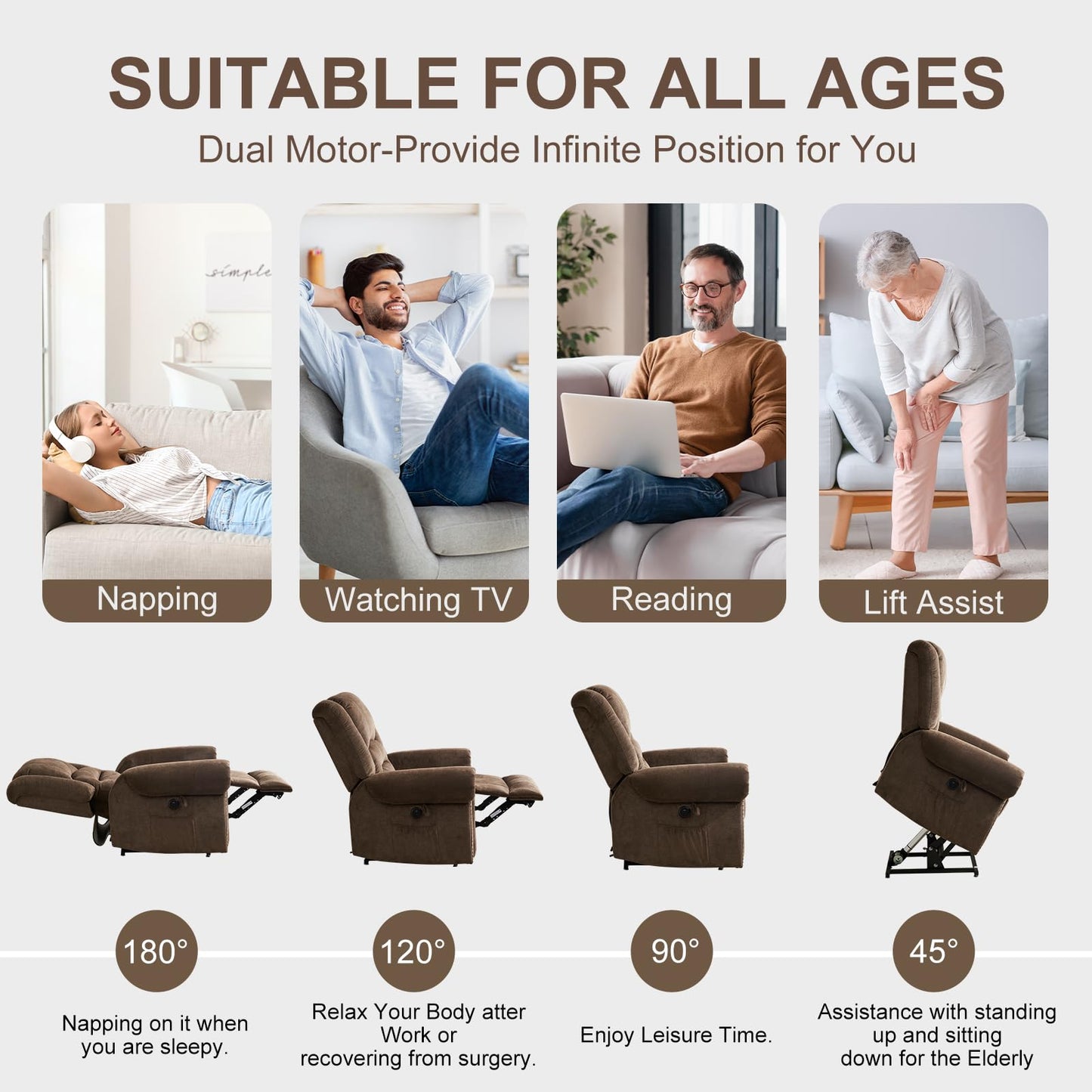 CDCASA Dual Motor Lay Flat Lift Chairs Recliners for Elderly with Massage and Heat, Upgraded Chenille Infinite Position Large Sleeping Electric Power Lift Chair Recliner for Seniors, Set of 2,Brown