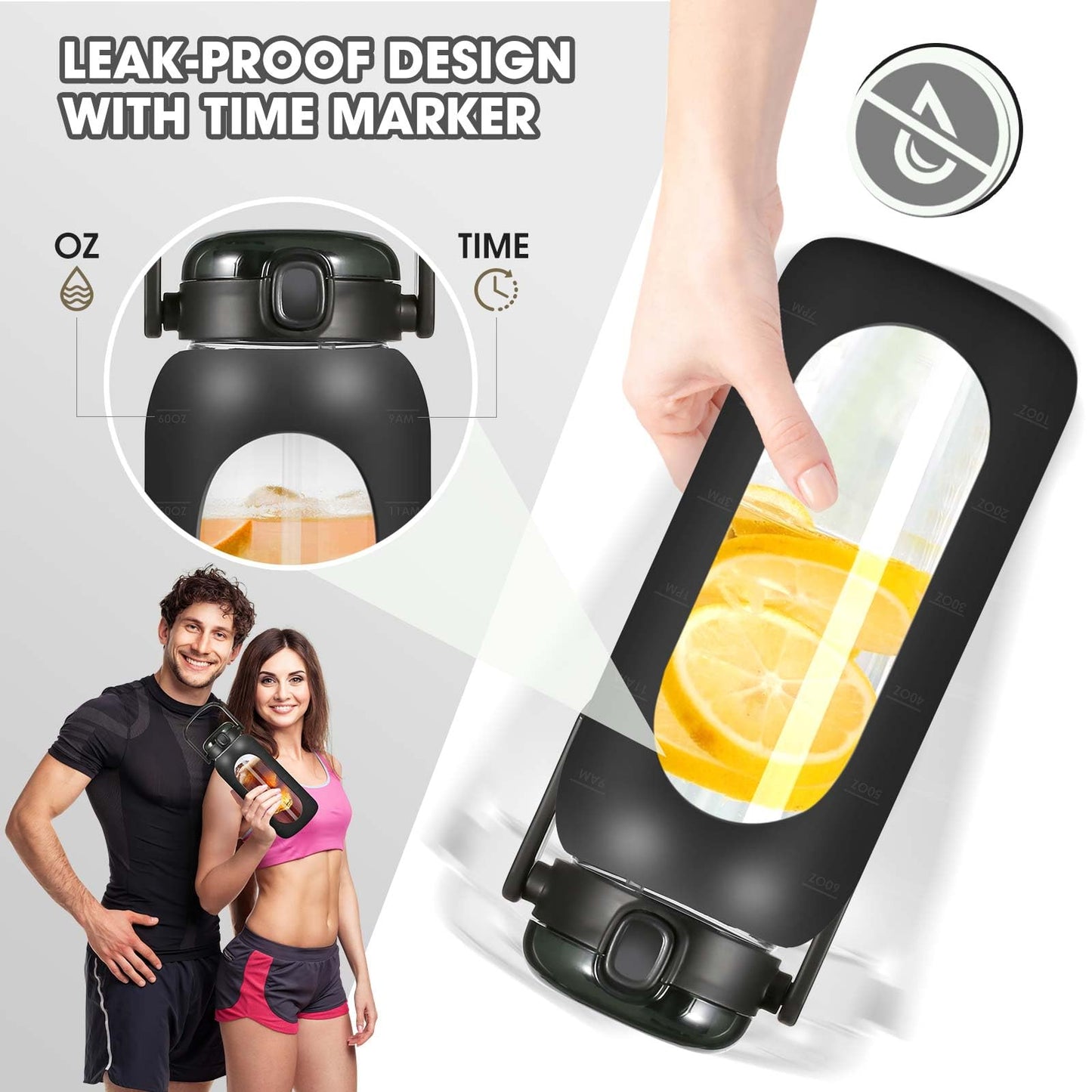 OxyFlask Glass Water Bottles 64 oz - Half Gallon Water Bottle with Straw Phone Holder Handle Time Marker and Silicone Sleeve, Large Motivational Water Jug with Carrier Bag for Daily Intake Gym Black