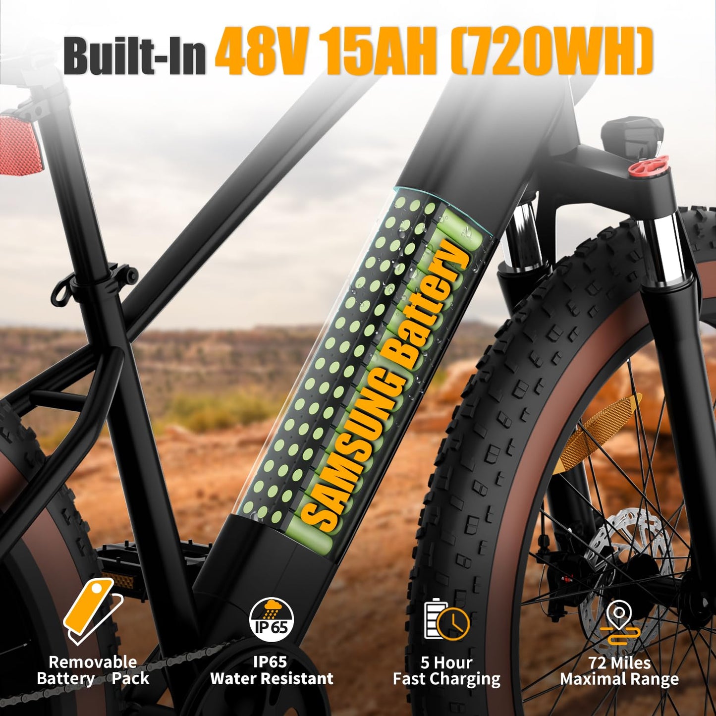 Electric Bike for Adult 1400W Peak, 48V 720WH Removable Battery, 72 Miles 28 MPH, 26" Fat Tire Electric Mountain Bike with Hydraulic Suspension, 7-Speed ,UL Certified Commute Mountain Ebikes for Men