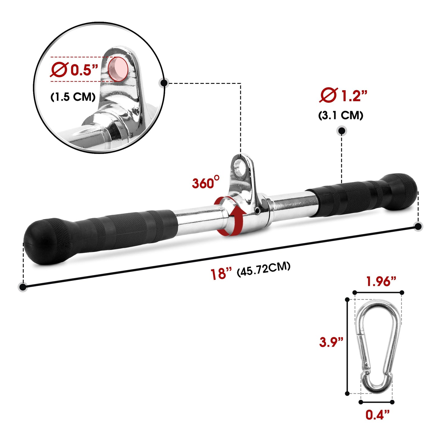 Yes4All 980 LBS Straight Bar Cable Attachment for Gym, LAT Tricep Pull Down Bar with Rubber Handle Grip Carabiner Included