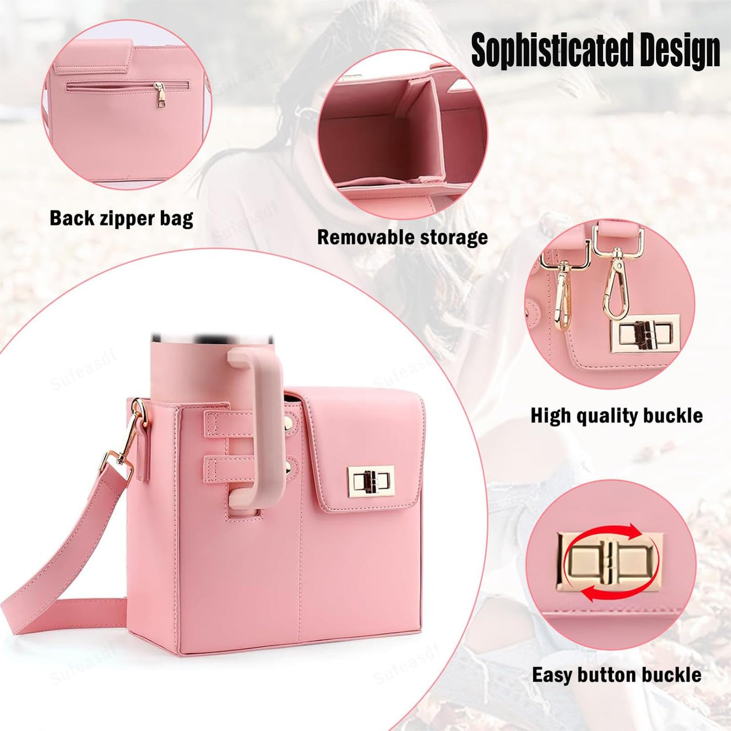PUENBKO Outdoor Portable Crossbody Water Cup Storage Bag, Cross Body Bag with Water Bottle Holder, Adjustable Shoulder Strap, Water Bottle Carrier Bag with Storage Pocket for Women (pink)