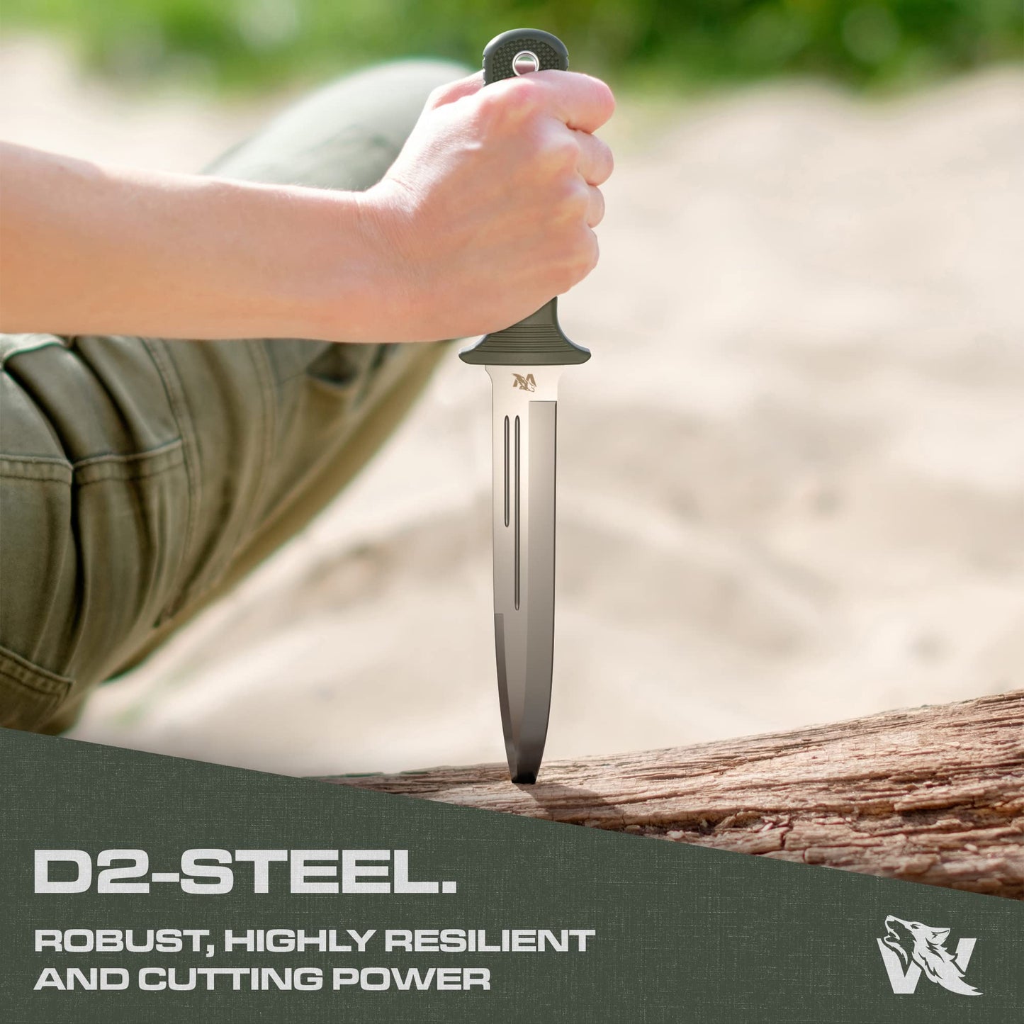ODENWOLF W-Catcher Fixed Blade Knife with Sheath - Large Hunting Knife made of D2 steel - Big Fixed Blade Double Edge Knife with Non-Slip TPE Handle - Full Tang Survival Knife for Outdoor Activities