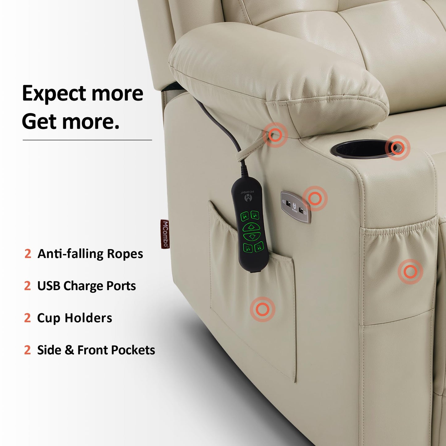 MCombo Lay Flat Triple Motor Power Lift Recliner Chair Sofa with Heat and Massage, Adjustable Headrest for Elderly, Infinite Position, Faux Leather 7661 (Beige, Medium)