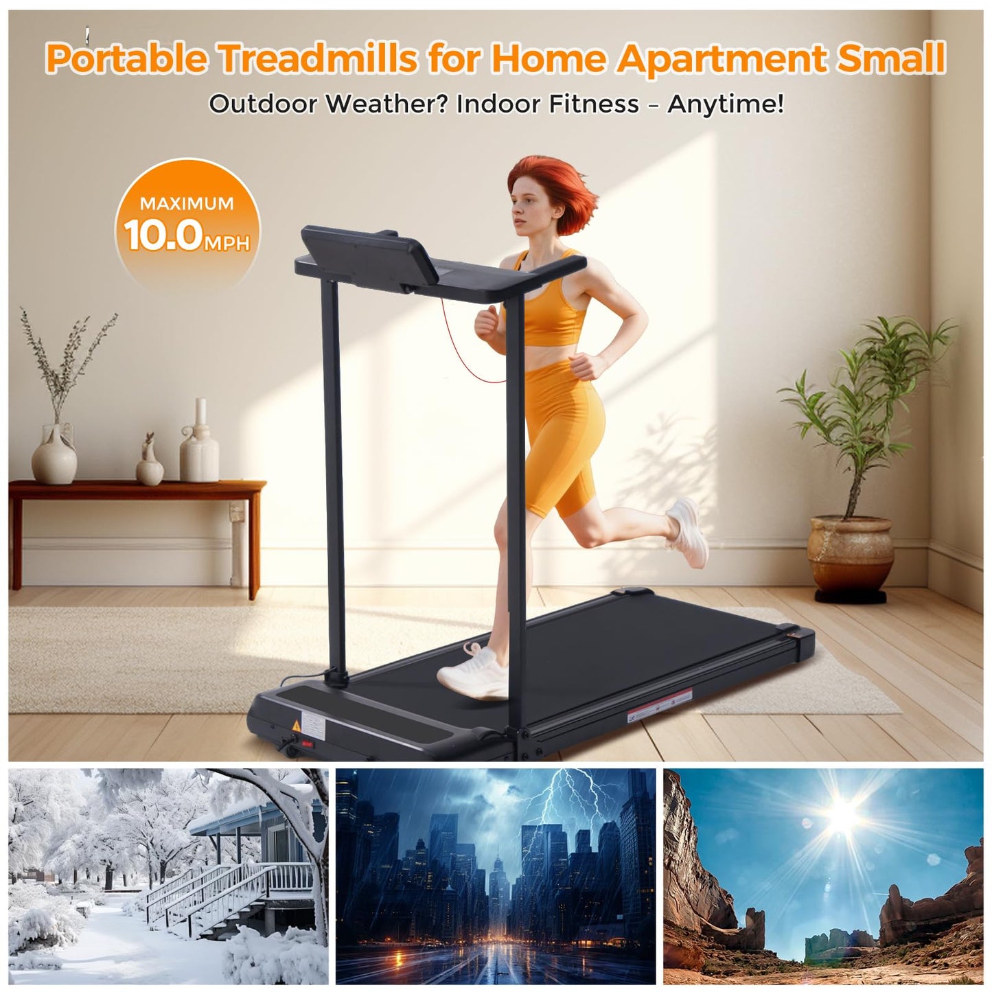 Folding Walking Pad Treadmill with Handle Bar, 3.5HP Compact Portable Foldable Walking Pads Treadmill with Handles, Electric Small Treadmills for Home Office Apartment, LED Display, 400 LBS Capacity