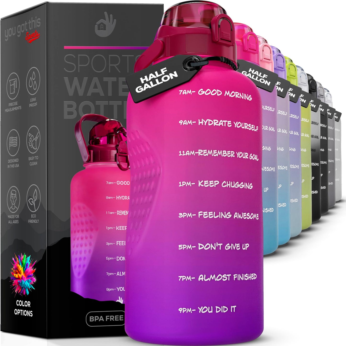 YOU GOT THIS LIVING Motivational Water Bottle with Time Marker,Half Gallon Water bottle with Straw 64 oz/2.2L Gym Water Bottle, Achieve All-Day Hydration SpillProof, BPA FREE