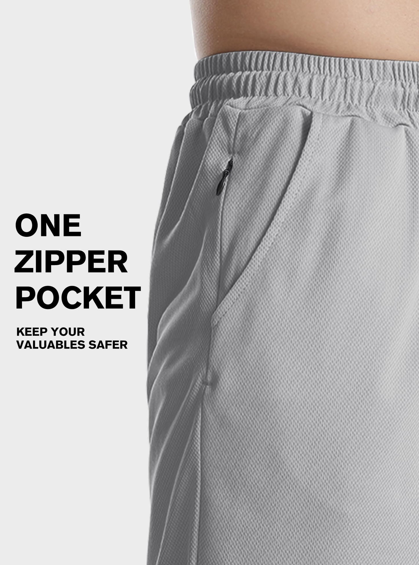 Aolesy Men's Athletic Shorts 10 inch Long Basketball Shorts Quick Dry Gym Workout Shorts with Zipper Pockets Casual Sport Shorts Light Grey