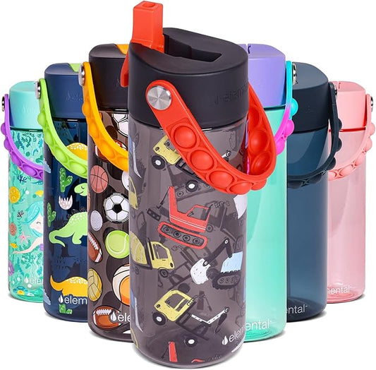 Elemental Leak Proof Water Bottles for Kids - Splash Kids Water Bottle for School with Fun Fidget Pop-it Handle - BPA Free Tritan Plastic Reusable Water Bottle with Straw - Construction - 18oz