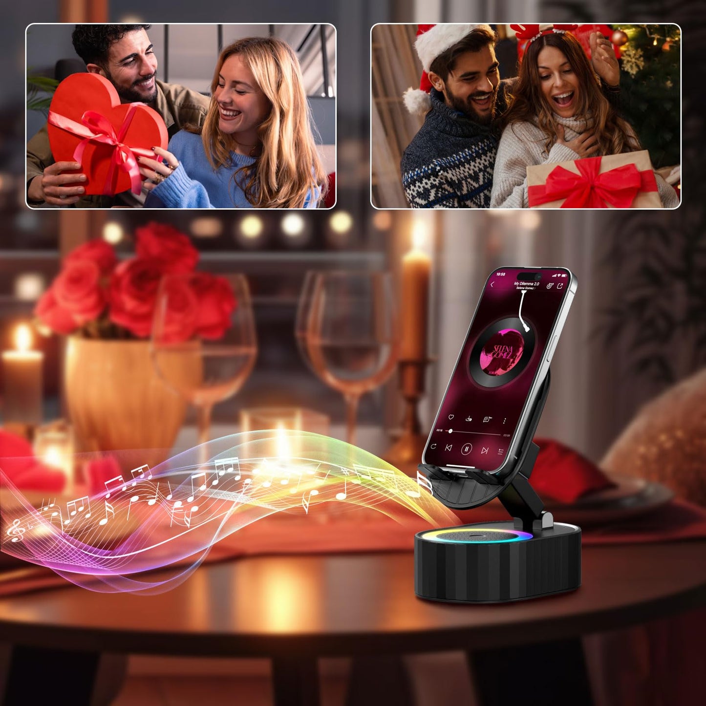 AKLLCCR Wireless Induction Audio Bluetooth Speaker 5in1 Phone Holder Emergency Rechargeable (3000mAh) with Colorful Ambient Light 300° Foldable for Tablet iPhone Android, Gifts for Men Women (Black)