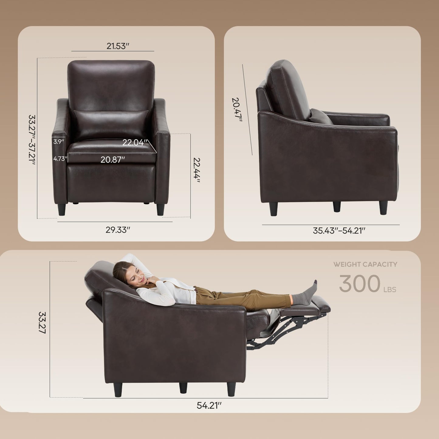 COLAMY Pushback Electric Recliner Chair, Premium Leather Upholstery with Adjustable Angles, Extra Lumbar Pillow, Built-in Charging Port, Business-Casual Style for Living Room(Brown