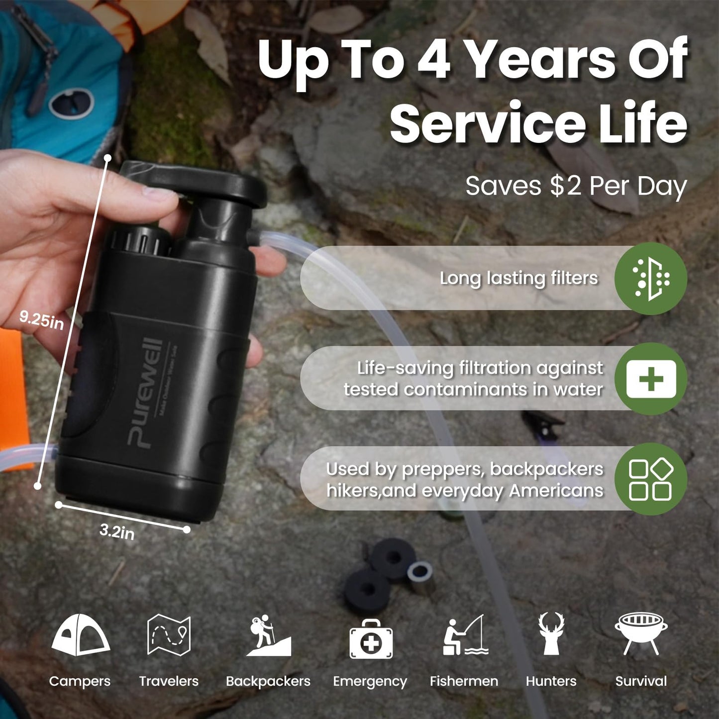 Purewell PRO Water Hand Purifier Pump with Replaceable Carbon 0.01 Micron Water Filter, 4 Filter Stages, Portable Outdoor Emergency and Survival Gear - Camping, Hiking, Backpacking
