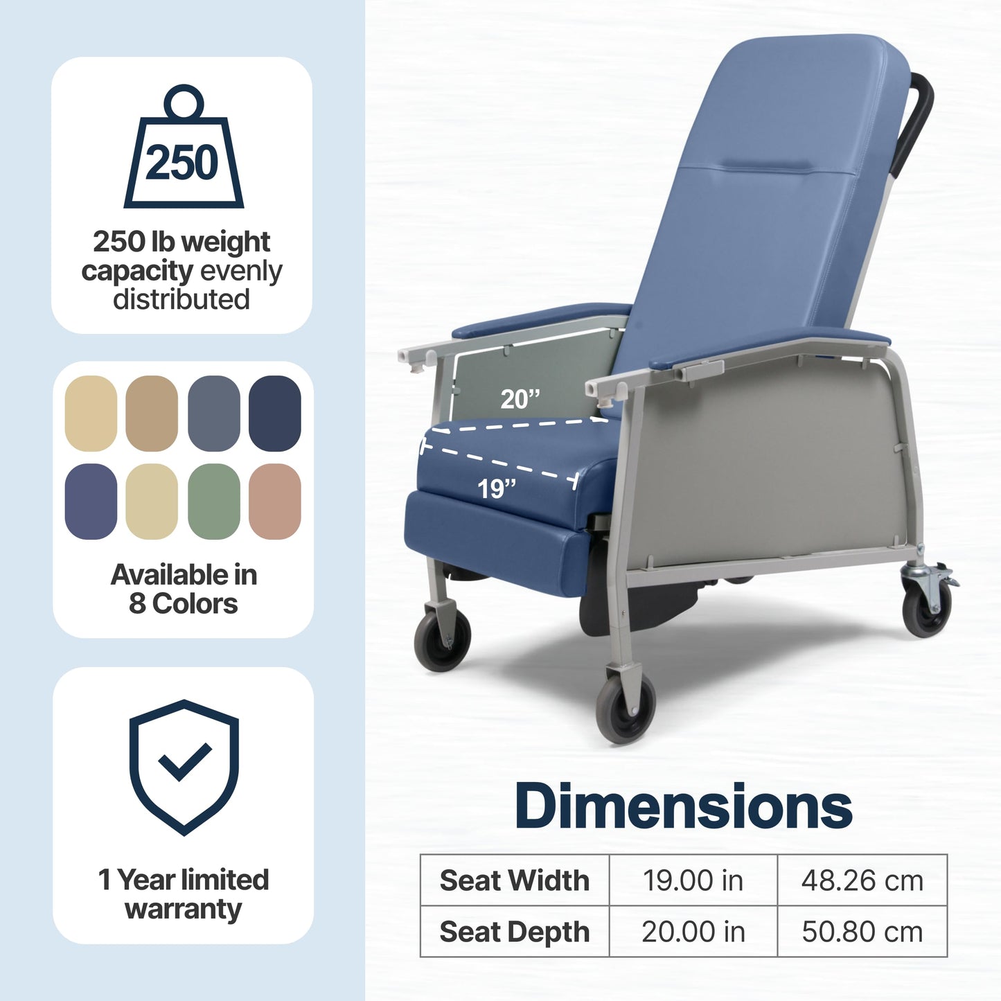 Lumex 3-Position Medical Recliner, Reclining Geri Chair with Wheels, Blue Ridge