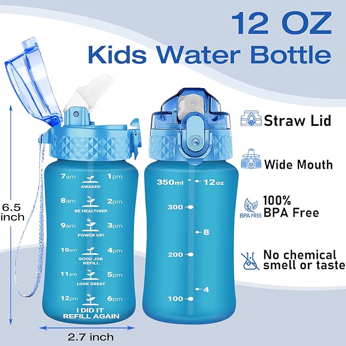 OLDLEY Kids Water Bottle for School, 12 oz (Straw Lid) BPA-Free Reusable Leak-proof Durable Tritan Plastic Water Bottles with One-handed Opening Straw Lids, Anti-dust Spout Cover (Blue)