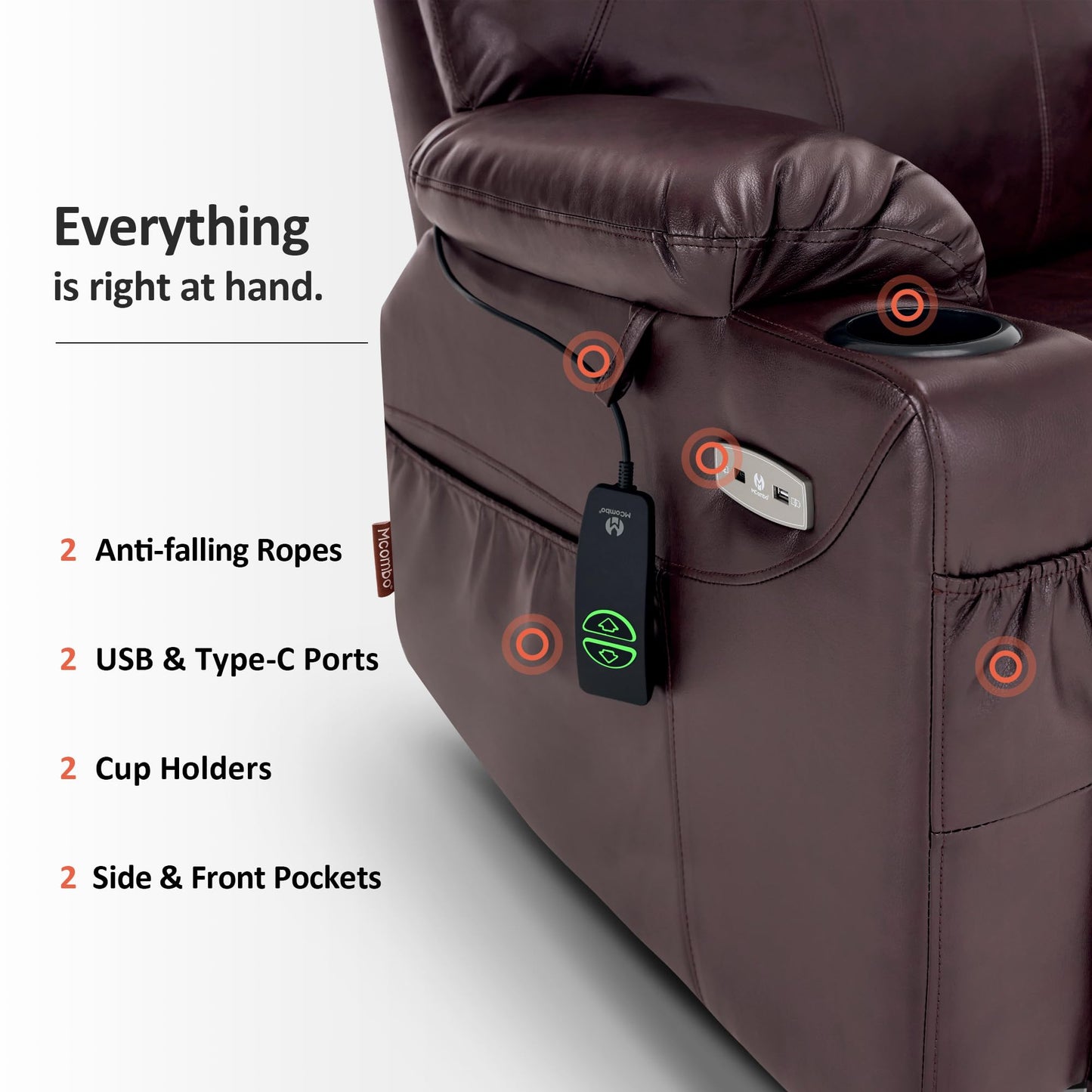 MCombo Electric Power Lift Recliner Chair Sofa with Massage and Heat for Elderly, 3 Positions, 2 Side Pockets, and Cup Holders, USB Ports, Faux Leather 7040 (Dark Brown, Medium)