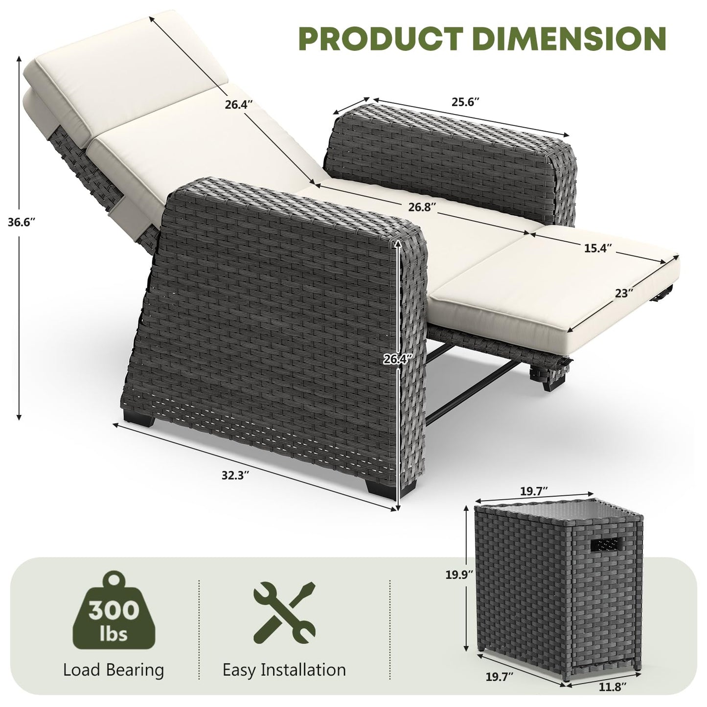 Outdoor Recliners Set of 2, Patio Reclining Chairs Wicker with 150° Lay-Flat Position, Extended Footrest, Flip-Up Side Table, Glass Top Table, Removable Beige Olefin Cushions