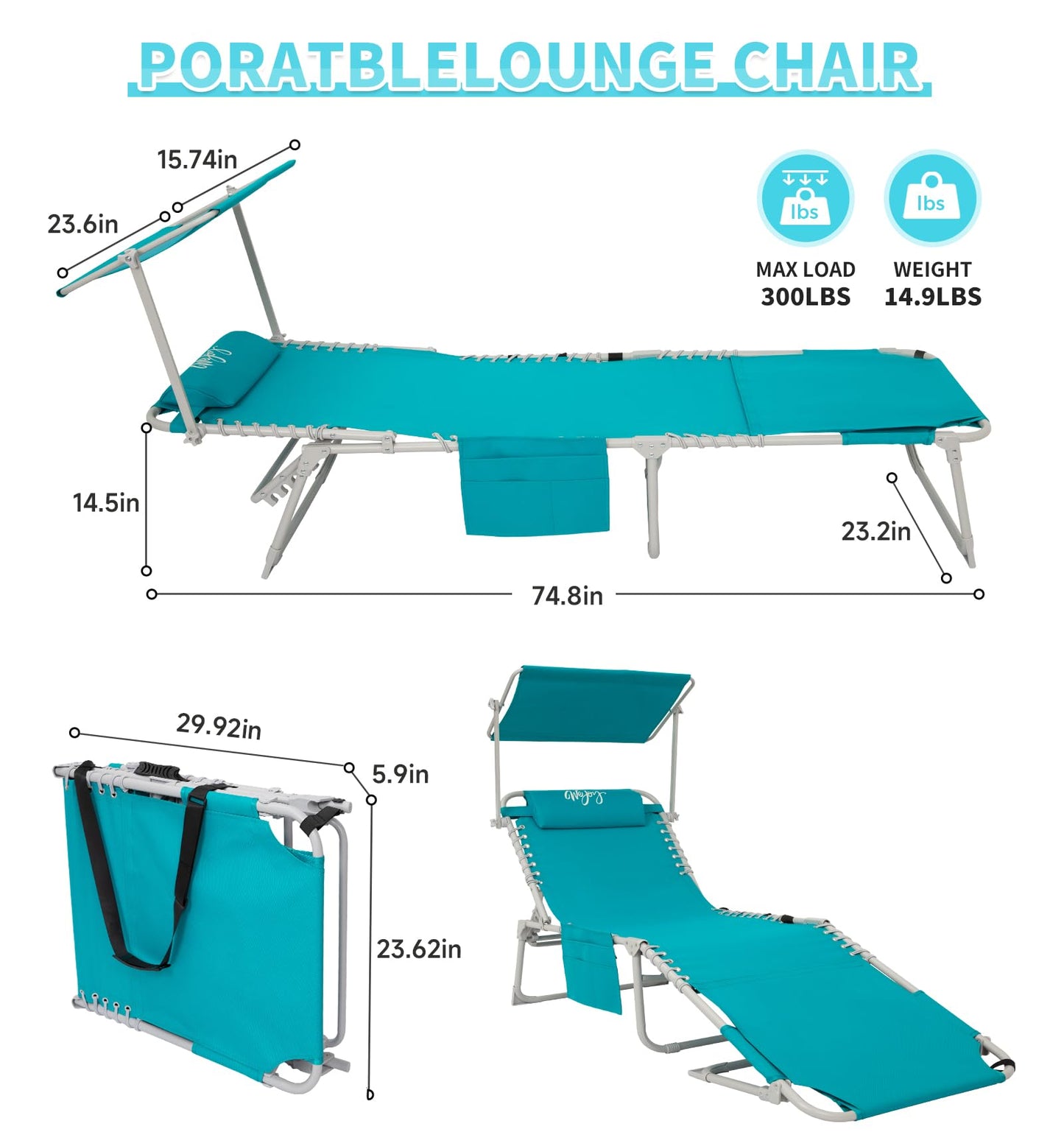 #WEJOY 3 in 1 Tanning Chair with Face Hole & Canopy, 300 lbs Heavy Duty 5 Positions Folding Face Down Lounge Chairs Outdoor with Pillow & Storage Bag Portable for Pool Beach Lawn Camping (Cyan)
