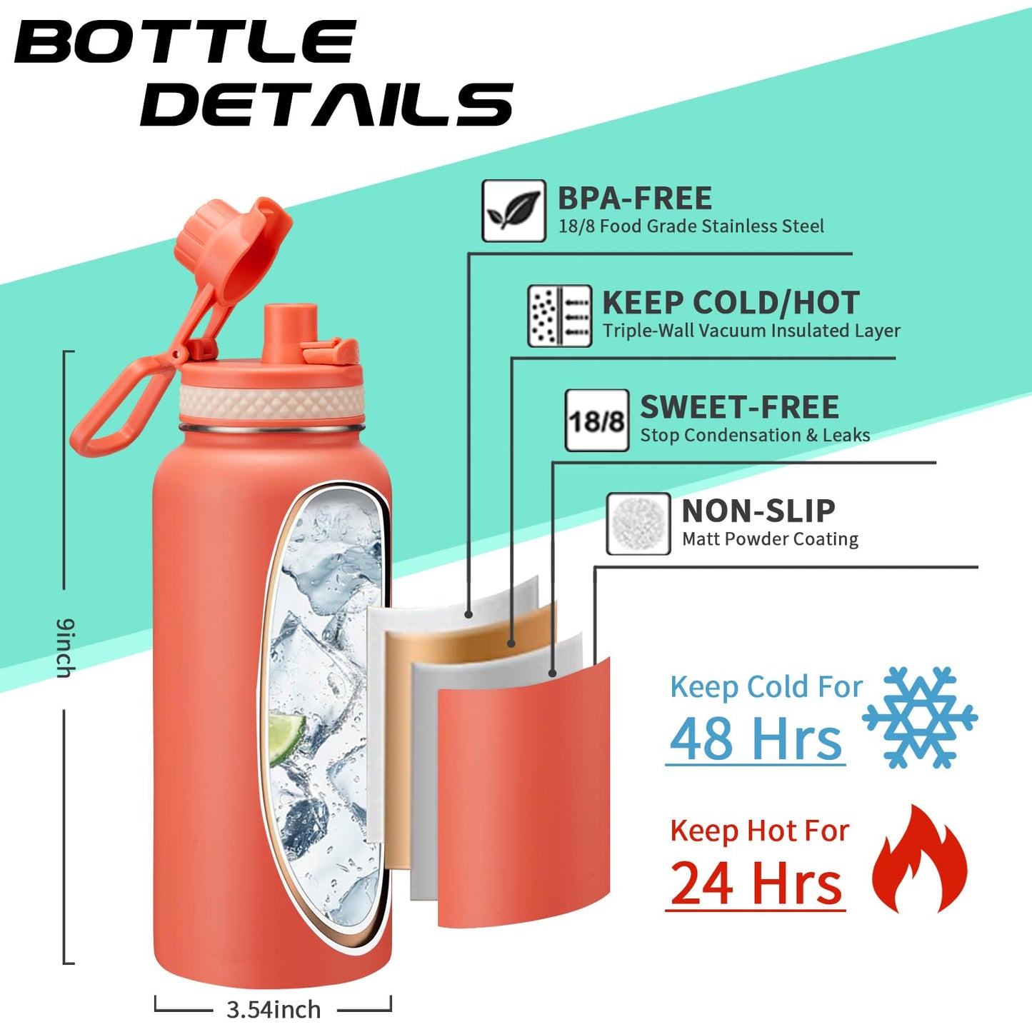 DIGJUPER 32 oz Sports Water Bottle Insulated - w/Paracord Handle, Straw & Spout Lids, Protective Boot, Sweat Proof Hydro Metal Water Flask Keeps Cold-48H Hot-24H, Travel Thermo Mug for Sports Hiking